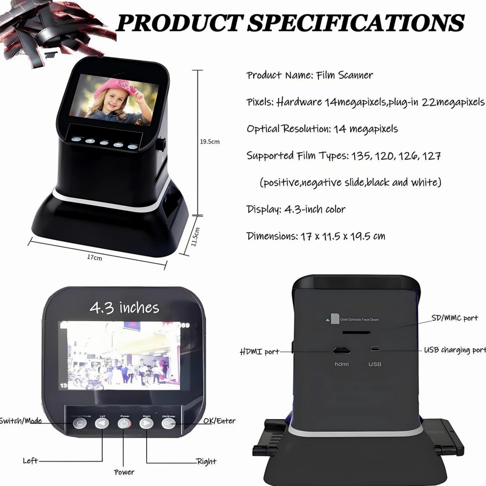 120 126 127 135 Scanner per Pellicole, Scanner per Pellicole E Diapositive da 22 MP Scanner per Negativi Scanner per Diapositive Visualizzatore di Diapositive con Schermo LCD da 4,3 Pollici