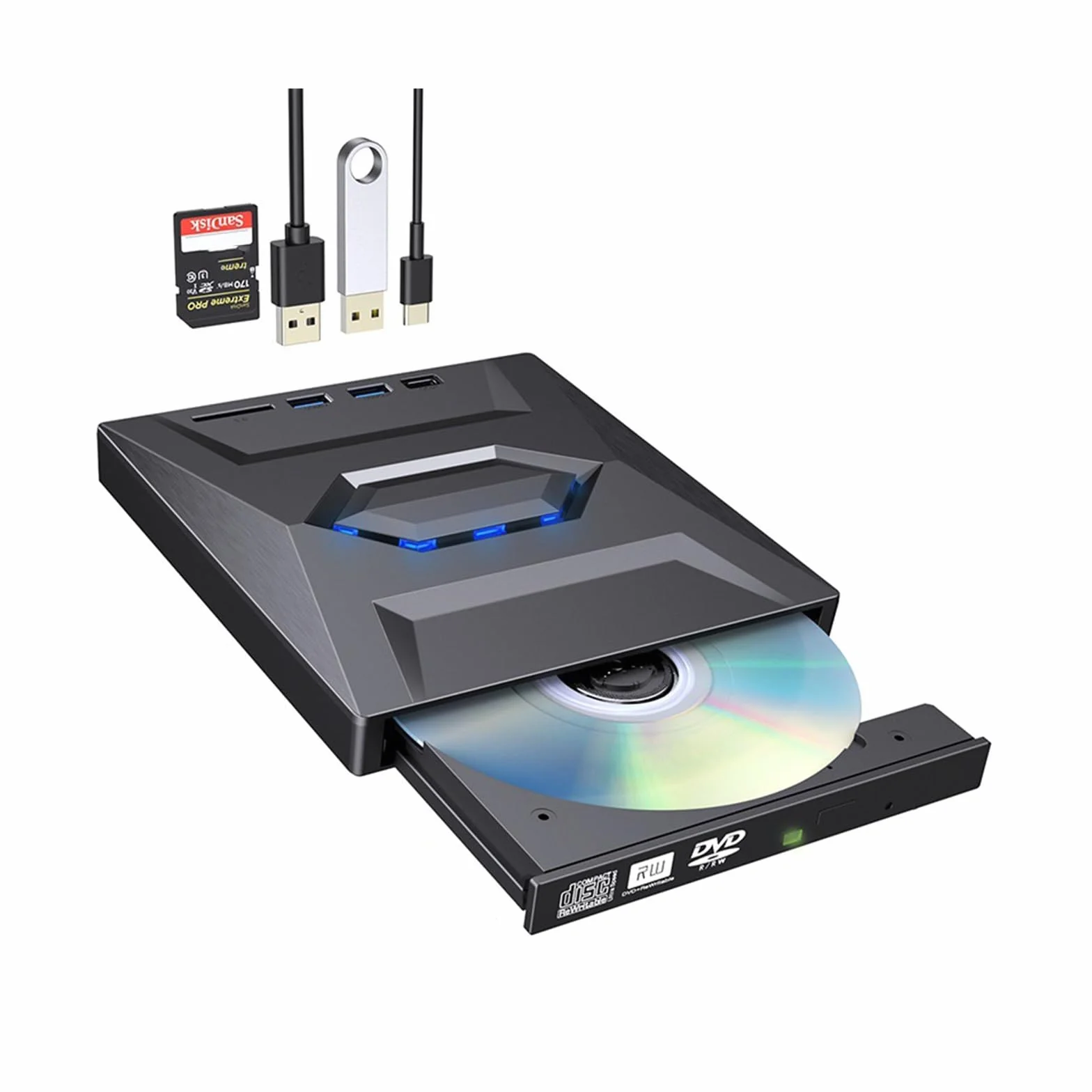 Generico Unità DVD esterna ultrasottile USB 3.0 e Type-C, masterizzatore ottico 7 in 1 con lettore di schede SD, lettore CD/DVD portatile for laptop, desktop, PC, Mac, Linux