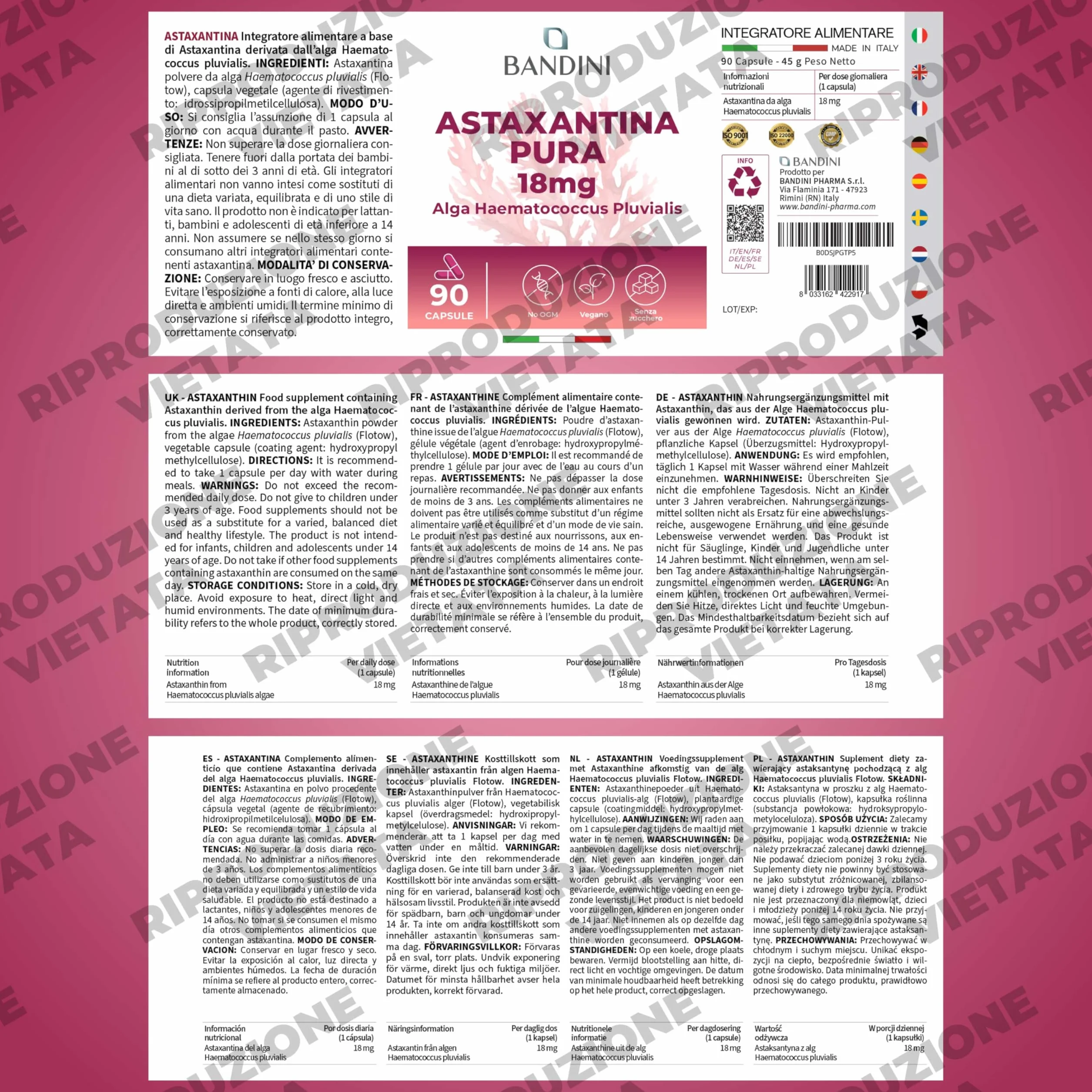 Bandini Astaxantina 18 mg 90 capsule antiossidante naturale alga Haematococcus Pluvialis