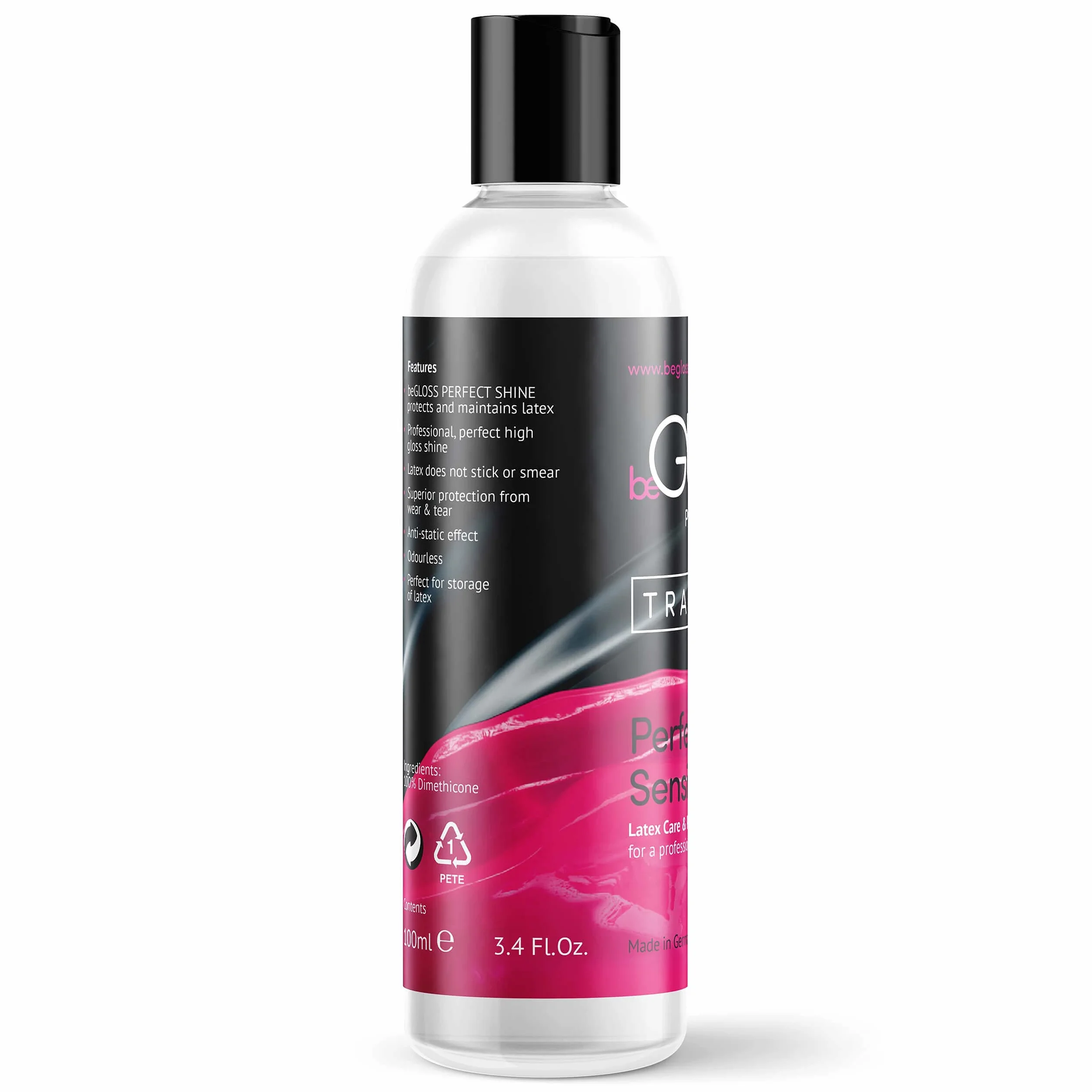 beGLOSS Perfect Shine Traveler Smalto in lattice 100 ml lubrificante per lucidatura cura vestiti gomma lattice