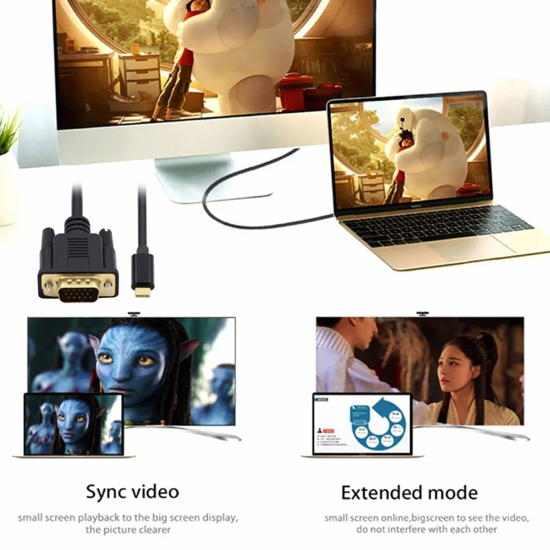 chenyang Cavo da USB C a VGA, da USB 3.1 tipo C a VGA RGB 1080P 60 Hz, cavo monitor per computer portatile, 1,8 m