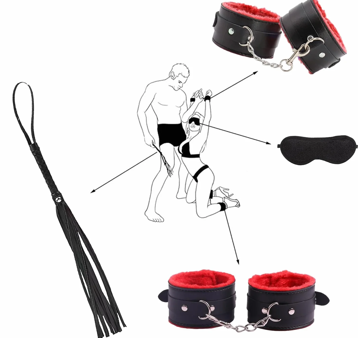 Set Bondage SM per Coppie Set Completo con Benda Plug Anale Palla da Bocca Frusta di Piume d'Oca Giocattolo Bondage Premium Kit SM Estremo