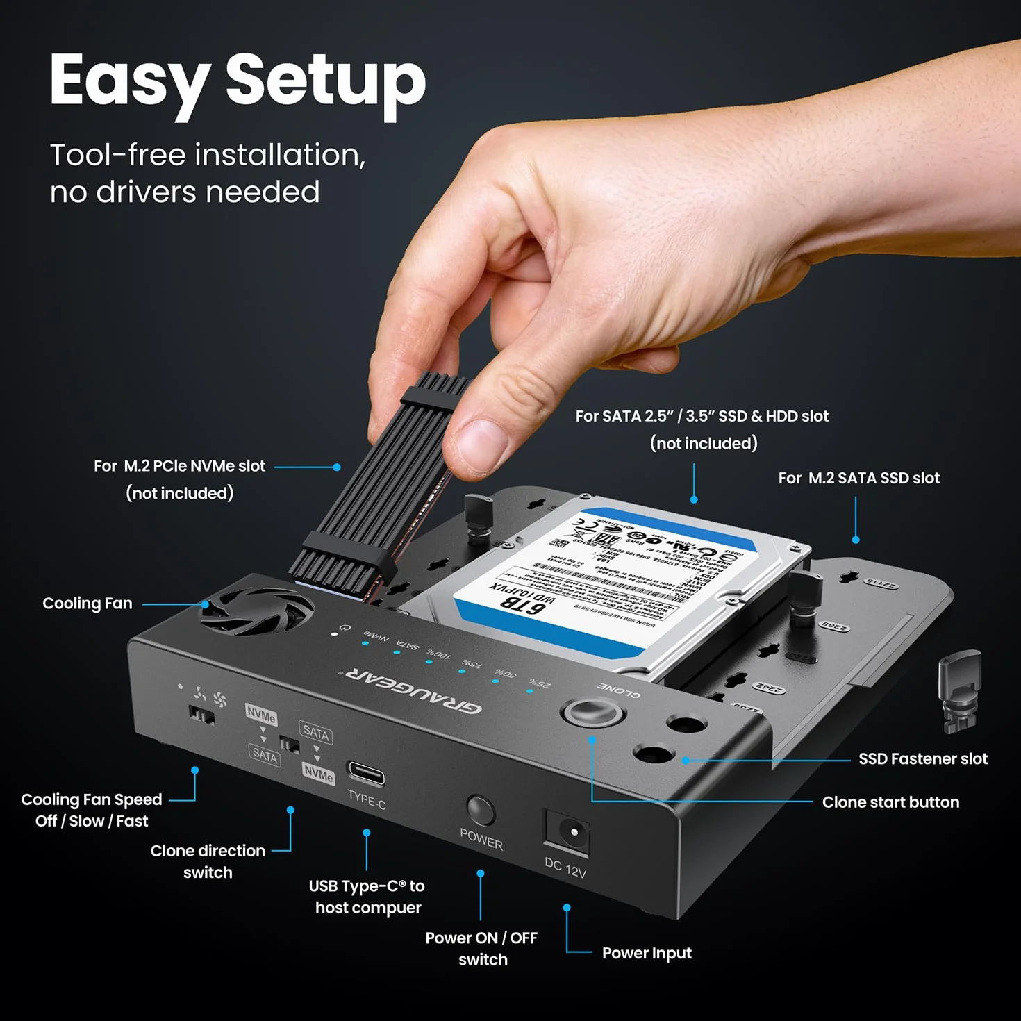GRAUGEAR Stazione di Clonazione Bidirezionale HDD SATA 2,5/3,5 SSD M.2 SATA NVMe Docking Station USB 3.2 Gen 2 10 Gbit/s USB-C