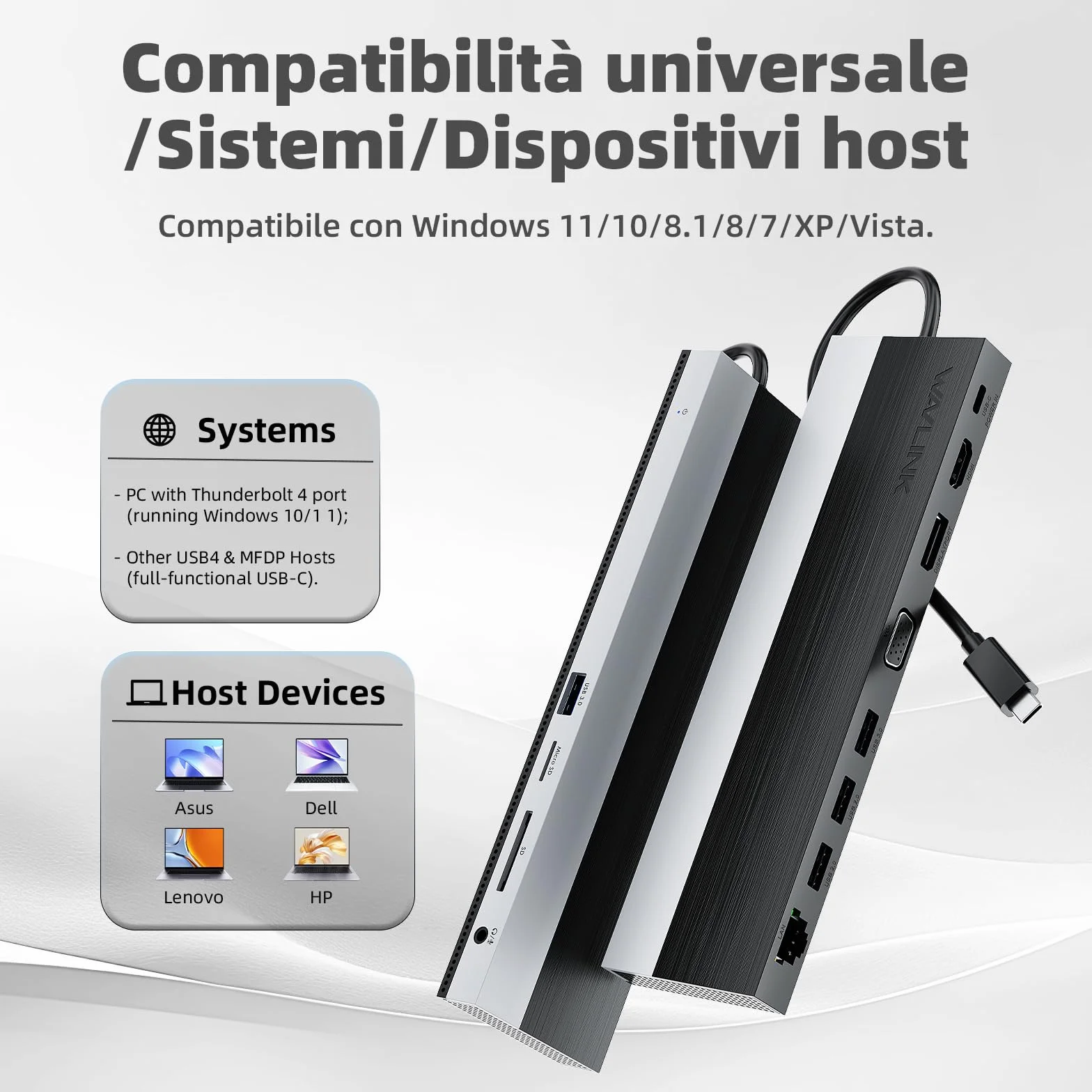 WAVLINK Docking station USB-C 3 monitor, docking station con HDMI, DP, VGA, 100W PD, USB3.0&2.0, RJ45, slot SD/TF, audio/microfono, per Lenovo/HP/Dell ecc. - Grigio
