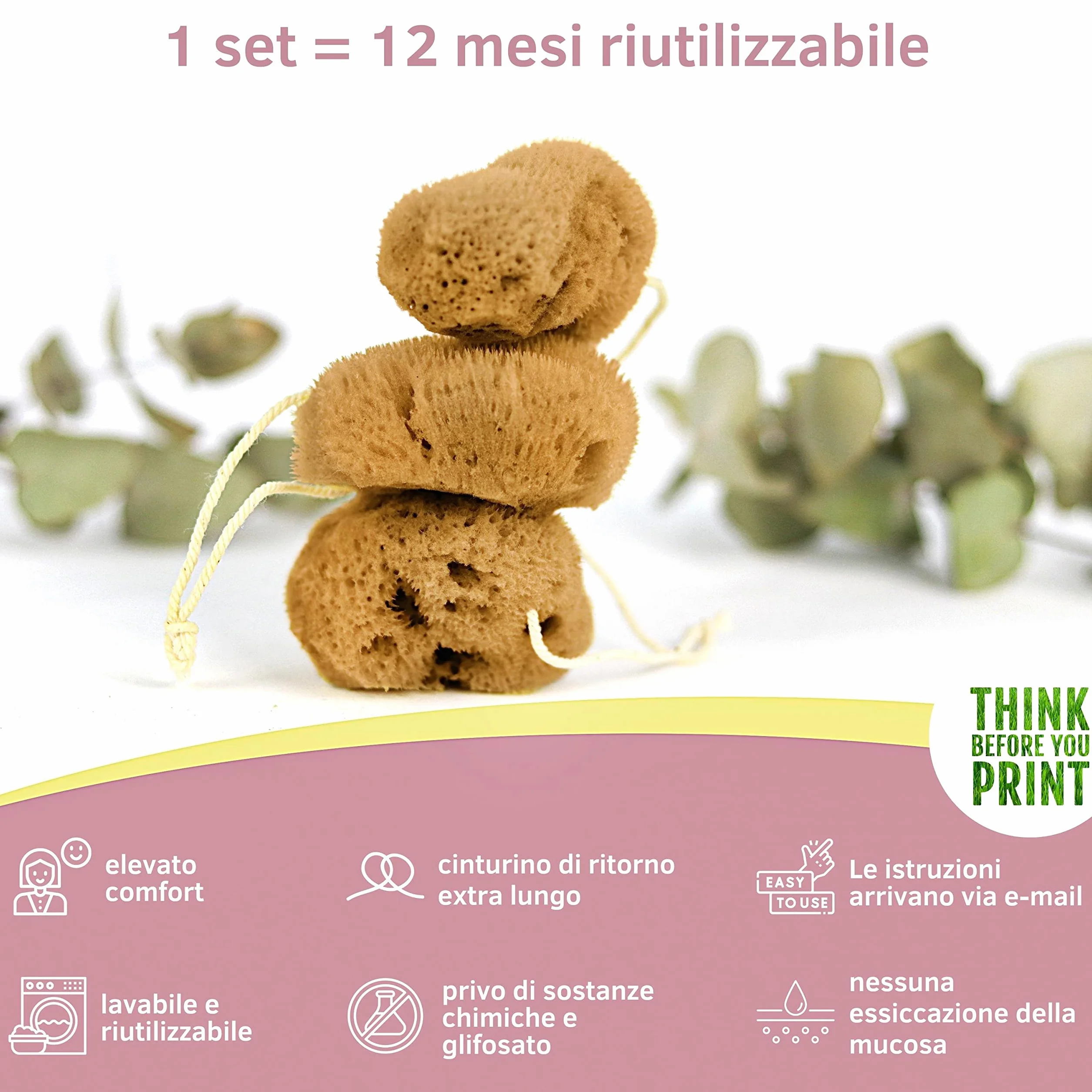 tom&pat Spugna mestruale naturale con filo riutilizzabile e lavabile Taglia S 3 x 3-5 cm
