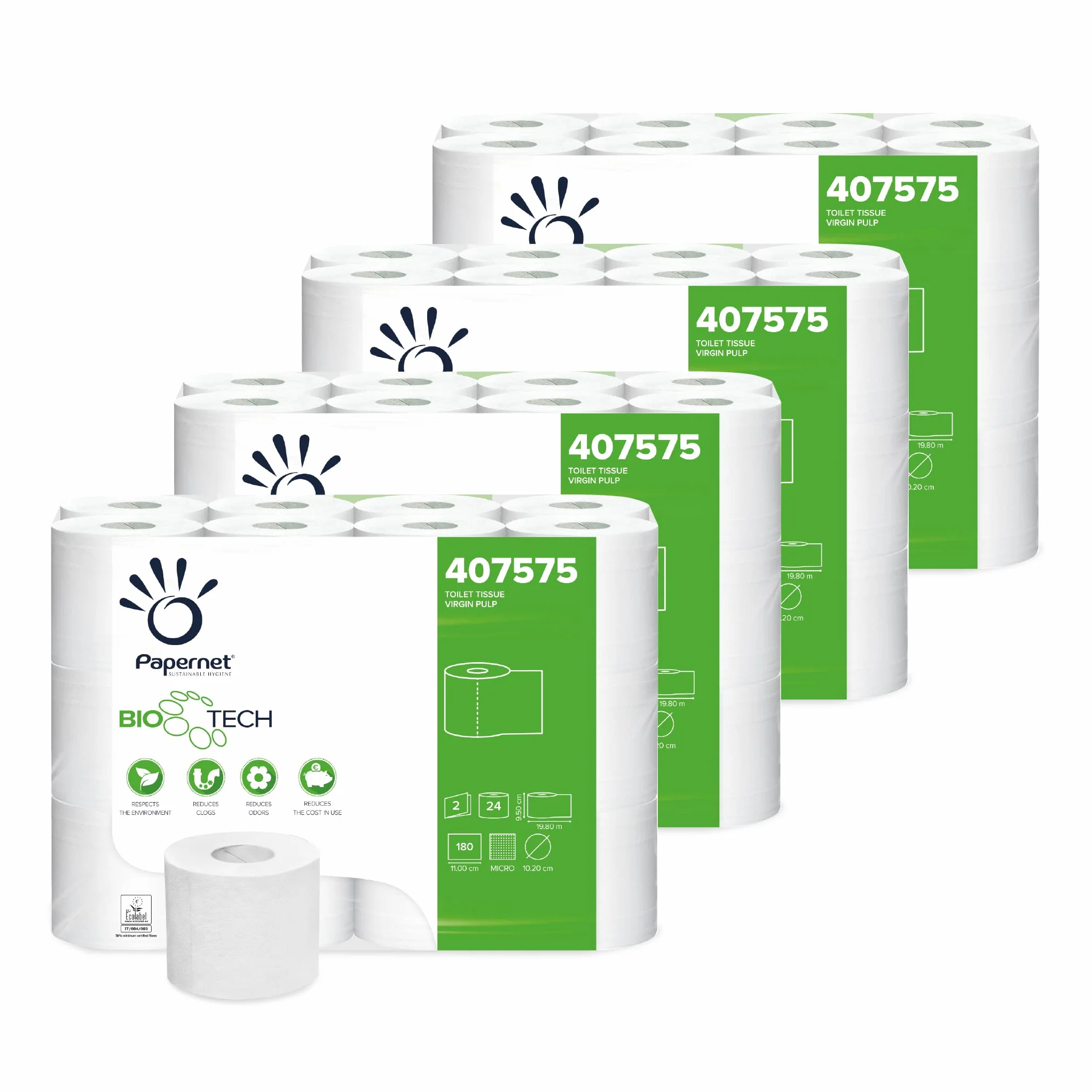 Papernet Bio Tech Carta Igienica 96 Rotoli 2 Veli Pura Cellulosa 19,8m 17.280 Strappi 9,5x11cm