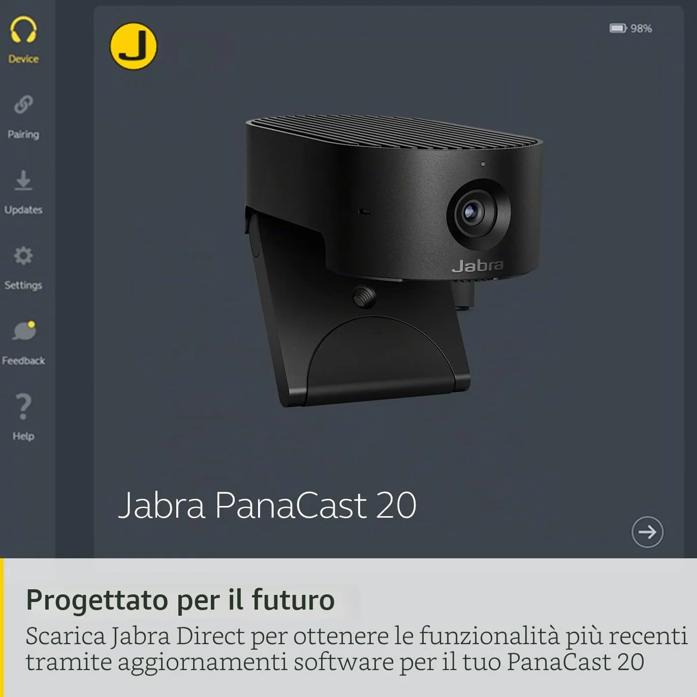 Jabra PanaCast 20 Webcam per videoconferenze in 4K Videocamera Plug & Play, con risoluzione 4K Ultra-HD e IA integrata, zoom intelligente e ottimizzazione dell'illuminazione