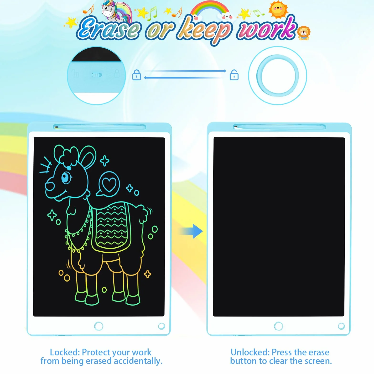Tavoletta Grafica LCD 13 Pollici per Bambini con Schermo, Pulsante Elimina e Blocco, Blu