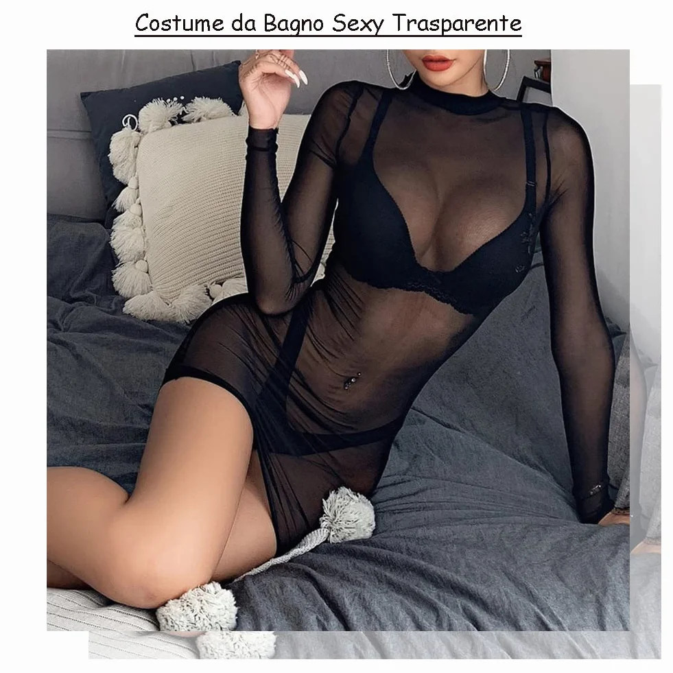 Sexy Lingerie Rete Mini Abito Attillato in Pizzo Babydoll Trasparente Maniche Lunghe Nero