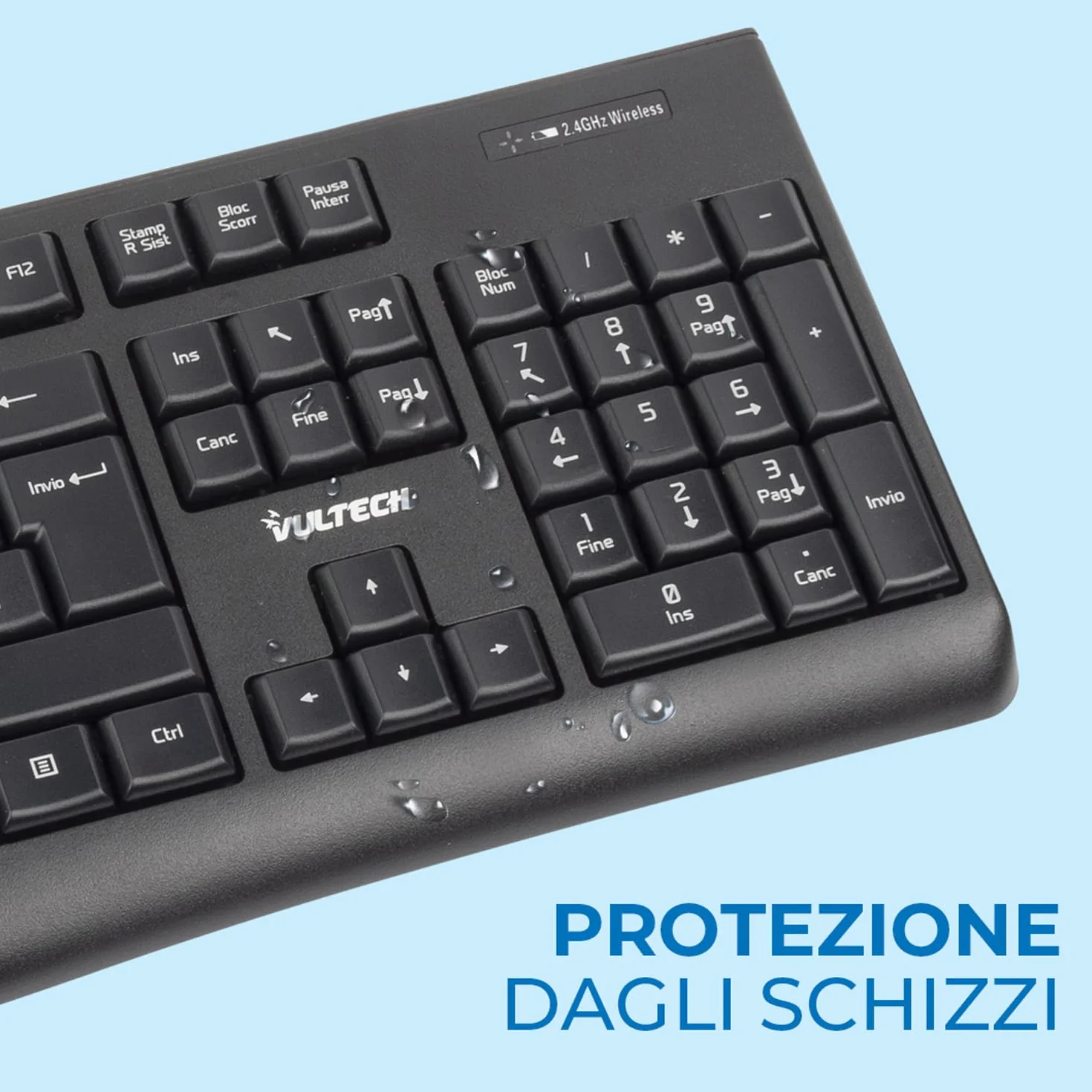Vultech KM-821W Kit Tastiera e Mouse Wireless 2.4 GHz. Design ergonomico, Layout italiano, Tastierino numerico, tasti silenziosi, per PC/Laptop, Nero. Compatibile con Windows, Linux