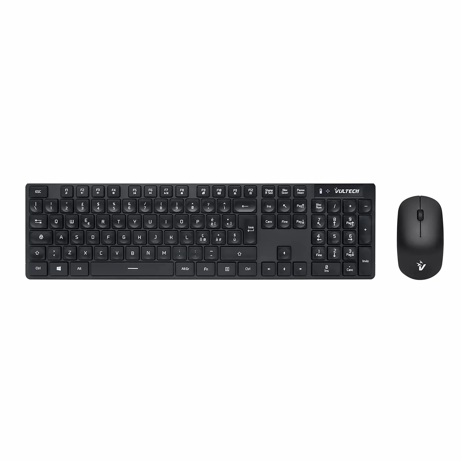 Vultech KM-831W Kit Tastiera e Mouse Wireless 2.4 GHz per Windows. ultra-slim,12 tasti multimediali a scelta rapida, Tastierino numerico, tasti silenziosi, per PC/Laptop, Layout italiano, Nero