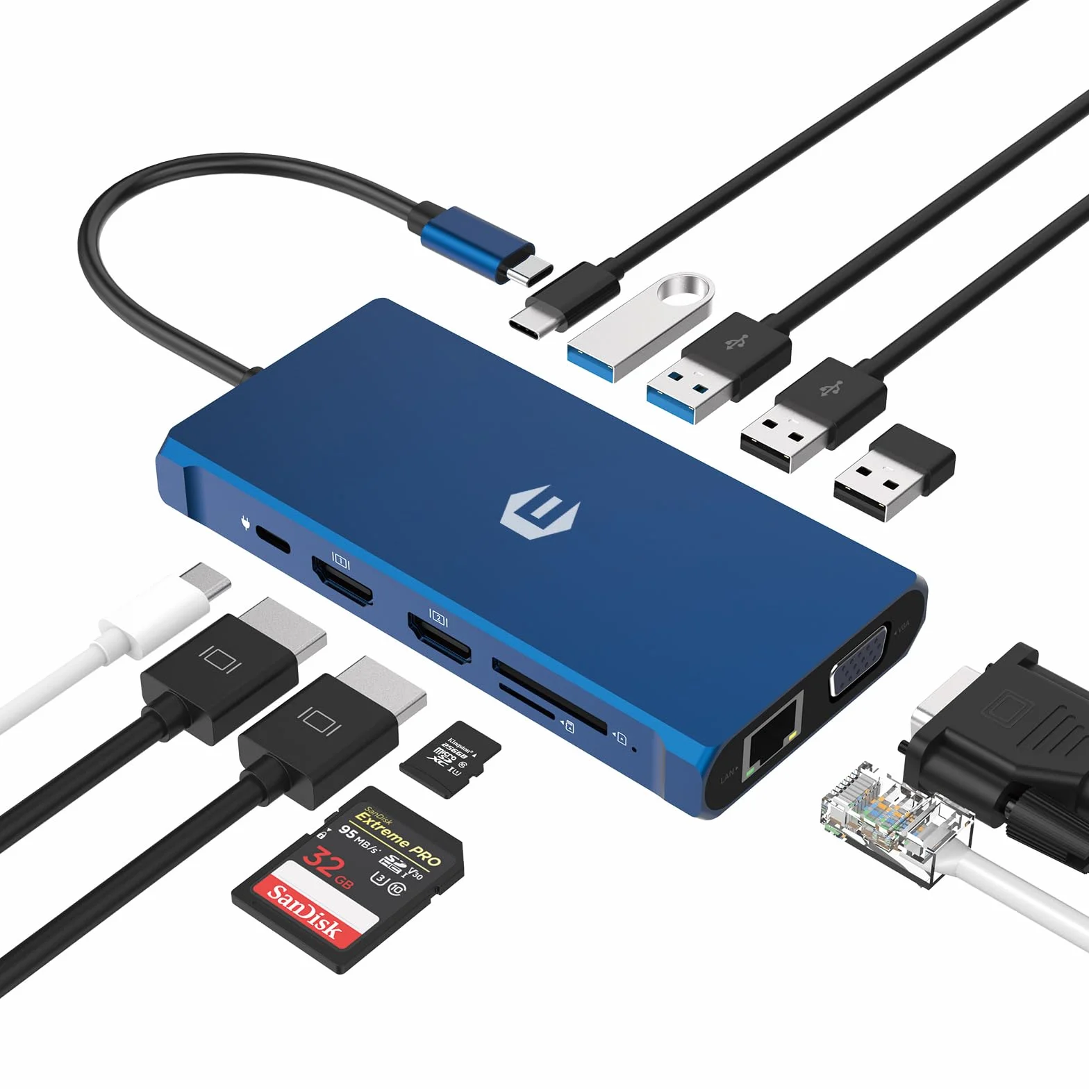 Hub USB C, 12 in 1, splitter USB C con 2 x 4 K, 100 W PD, USB C 3.0, 4 USB A, USB C Hub LAN per Dell/HP/Lenovo