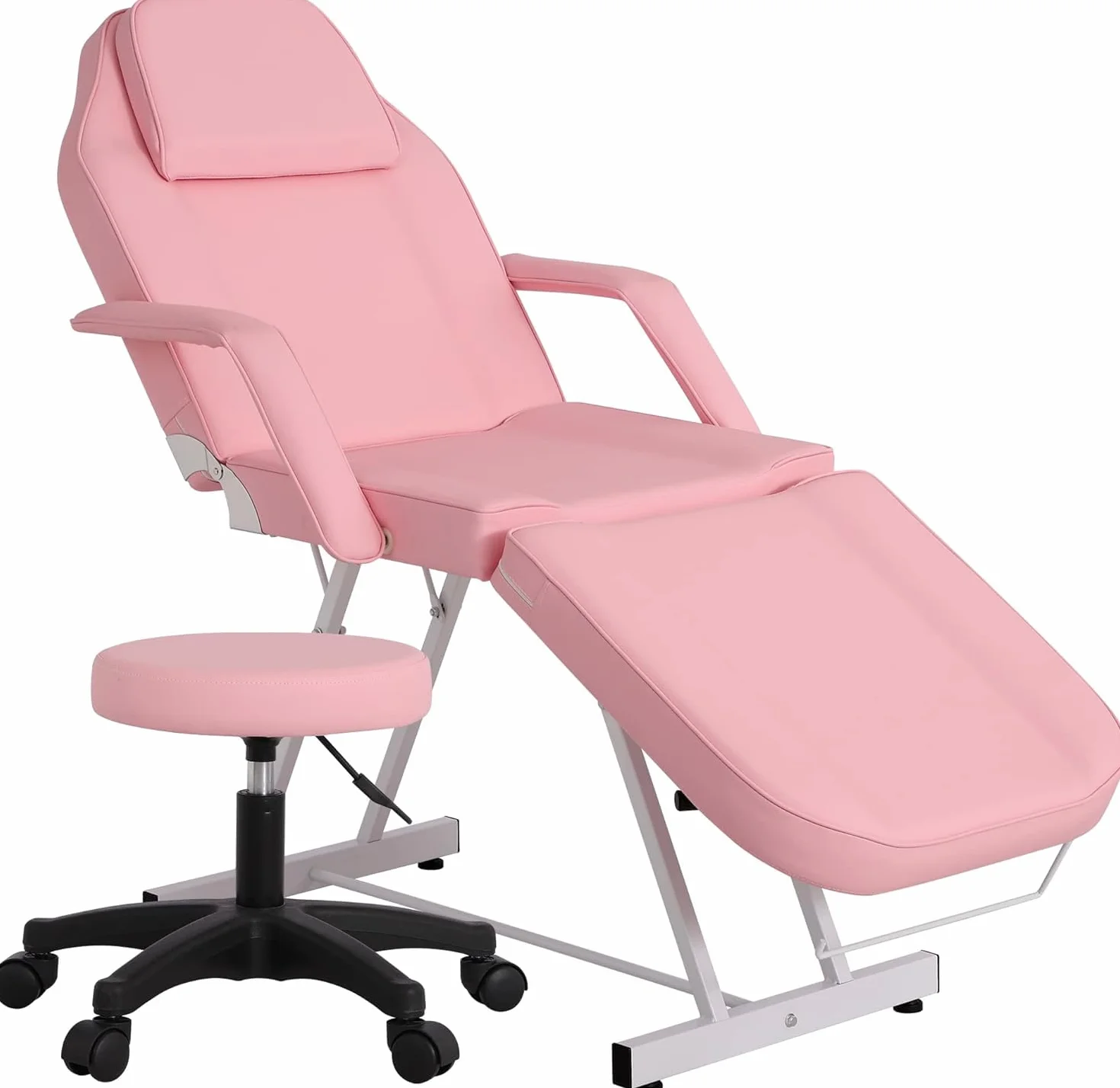 Lettino da Massaggio Pieghevole 3 Zone con Sgabello Portatile in Pelle PU Rosa per Fisioterapia Estetista Tattoo