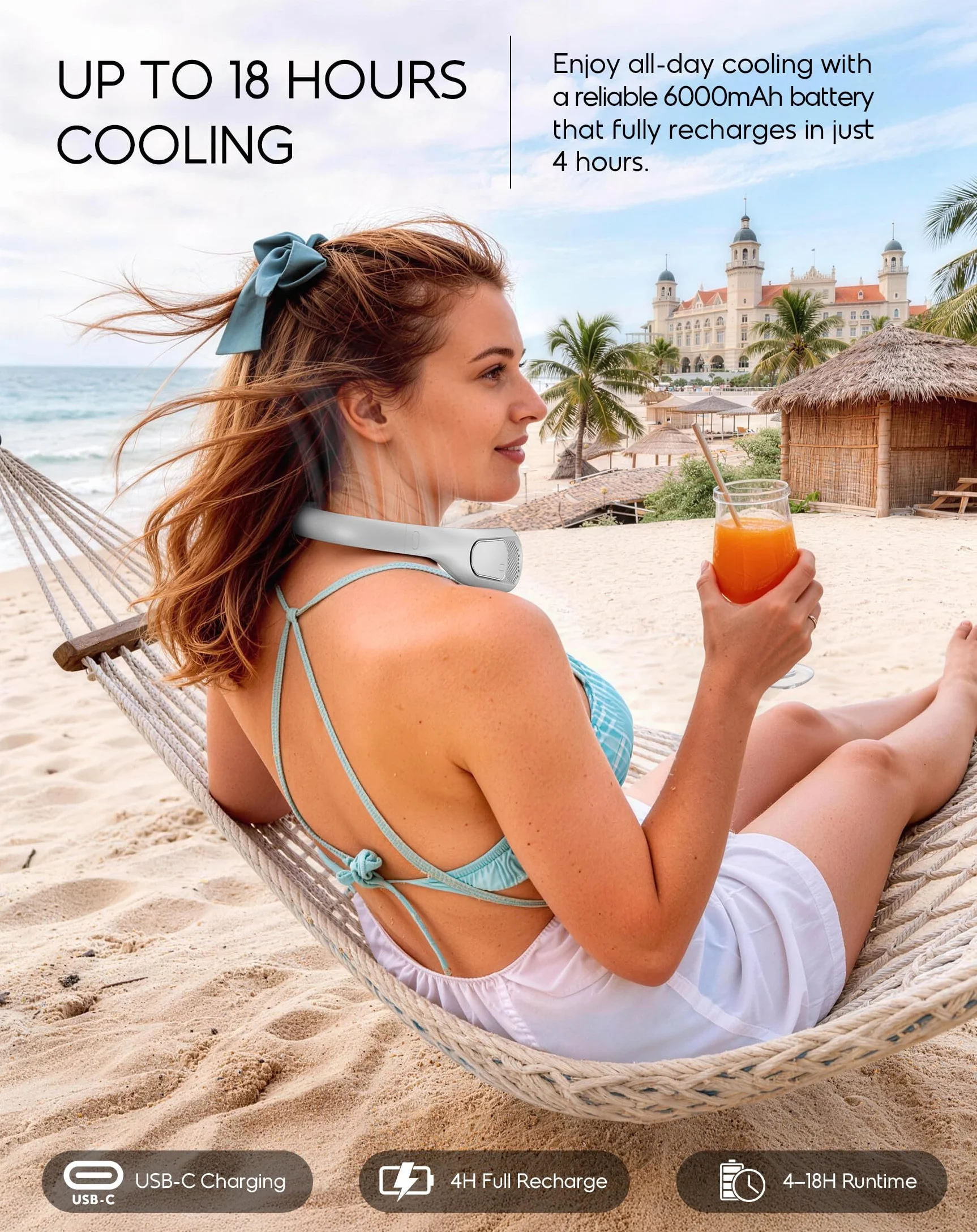 anysun Ventilatore da Collo Portatile 66 Uscite d'Aria 360° 4 Velocità 6000mAh Ricaricabile USB
