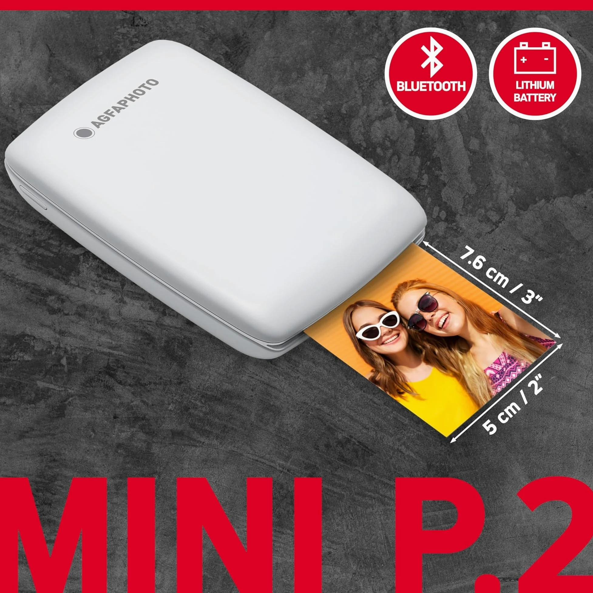 AGFA PHOTO Mini P.2 - Stampante Portatile Zink per Foto Istantanee - Stampa Facile e Veloce - Stampante Fotografica 75 x 50 mm Portatile senza Inchiostro per Smartphone e Tablet - Bianco
