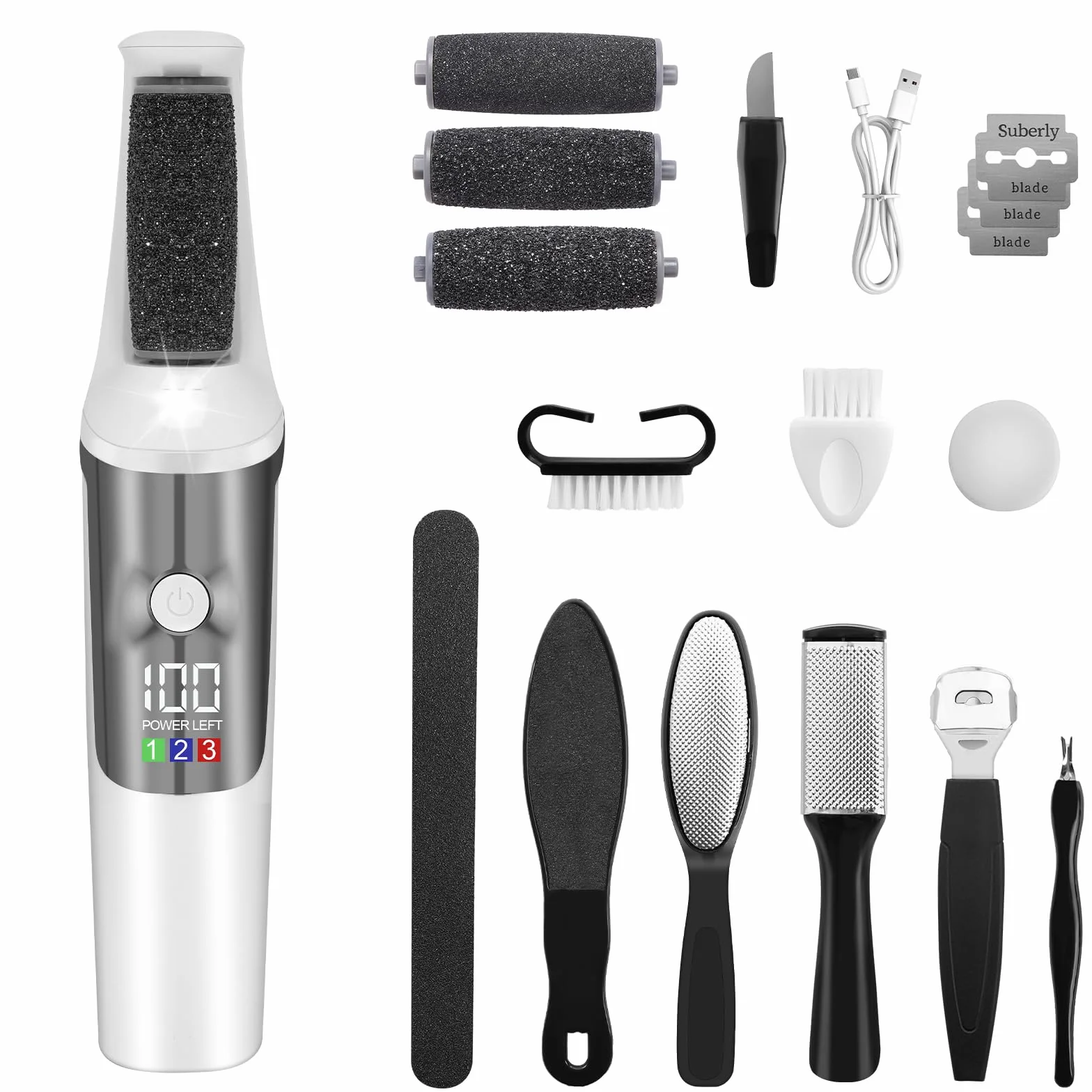 AOOWU Pedicure Elettrico Professionale 17 Pezzi Kit Rimozione Calli con 3 Rulli 3 Velocità Impermeabile LED