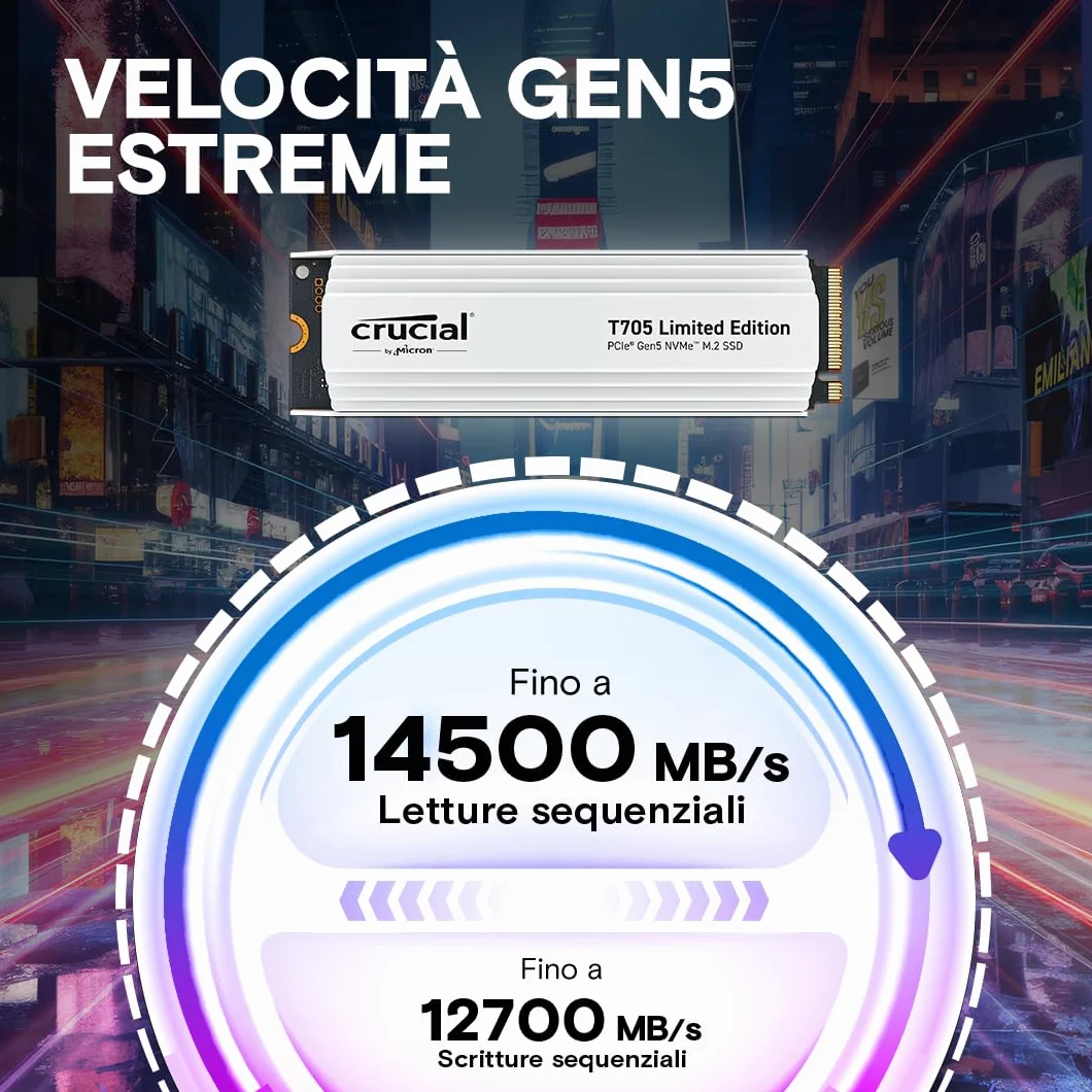 Crucial T705 SSD 2TB PCIe 5.0 x4 Gen5 NVMe M.2 con Dissipatore Bianco, Velocità fino a 14500 MB/s Lettura, 12700 MB/s in Scrittura, Per PC desktop, TLC NAND, Hard Disk Interno - CT2000T705SSD5A
