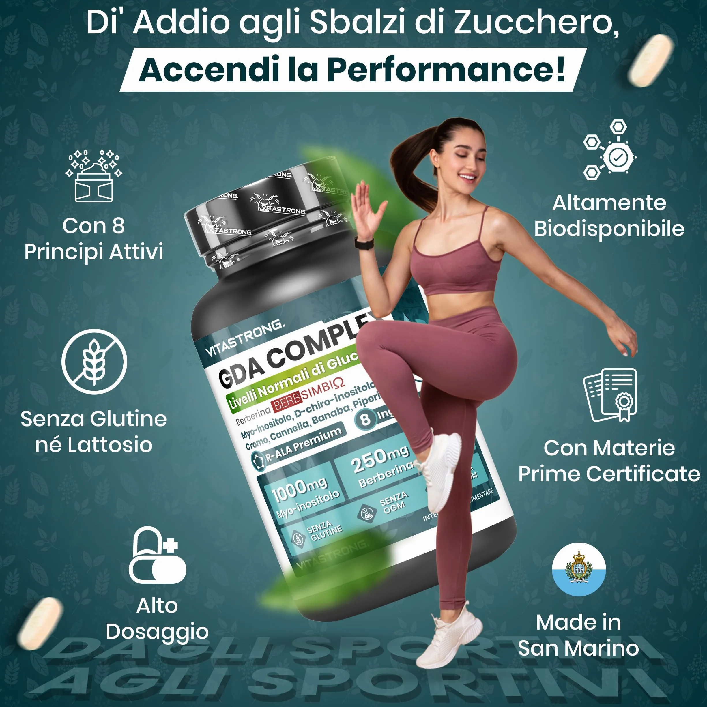 Vitastrong GDA Complex 100% Vegan Berberina 250mg Myo-Inositolo 1000mg Acido Alfa Lipoico Cromo
