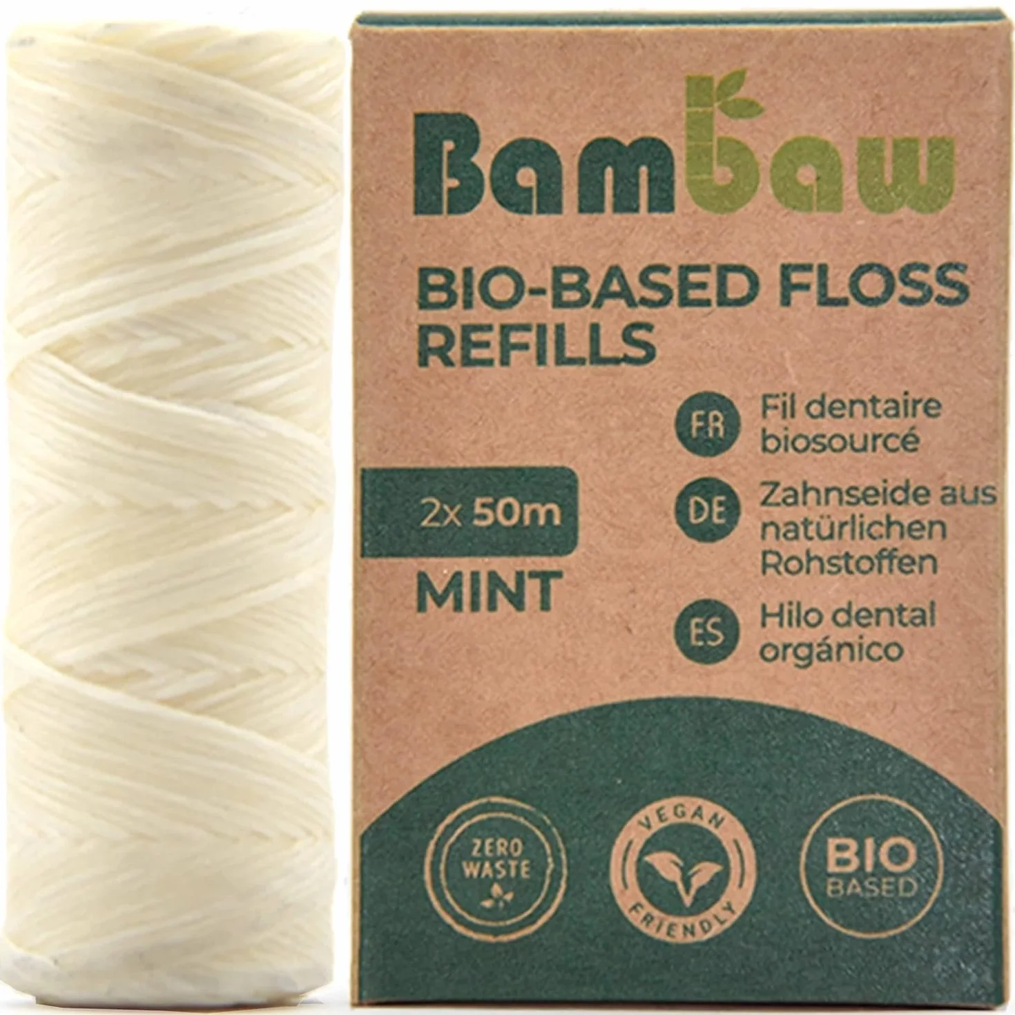 Bambaw Filo Interdentale Biodegradabile Vegano Cerato Menta 2x50m Ricarica