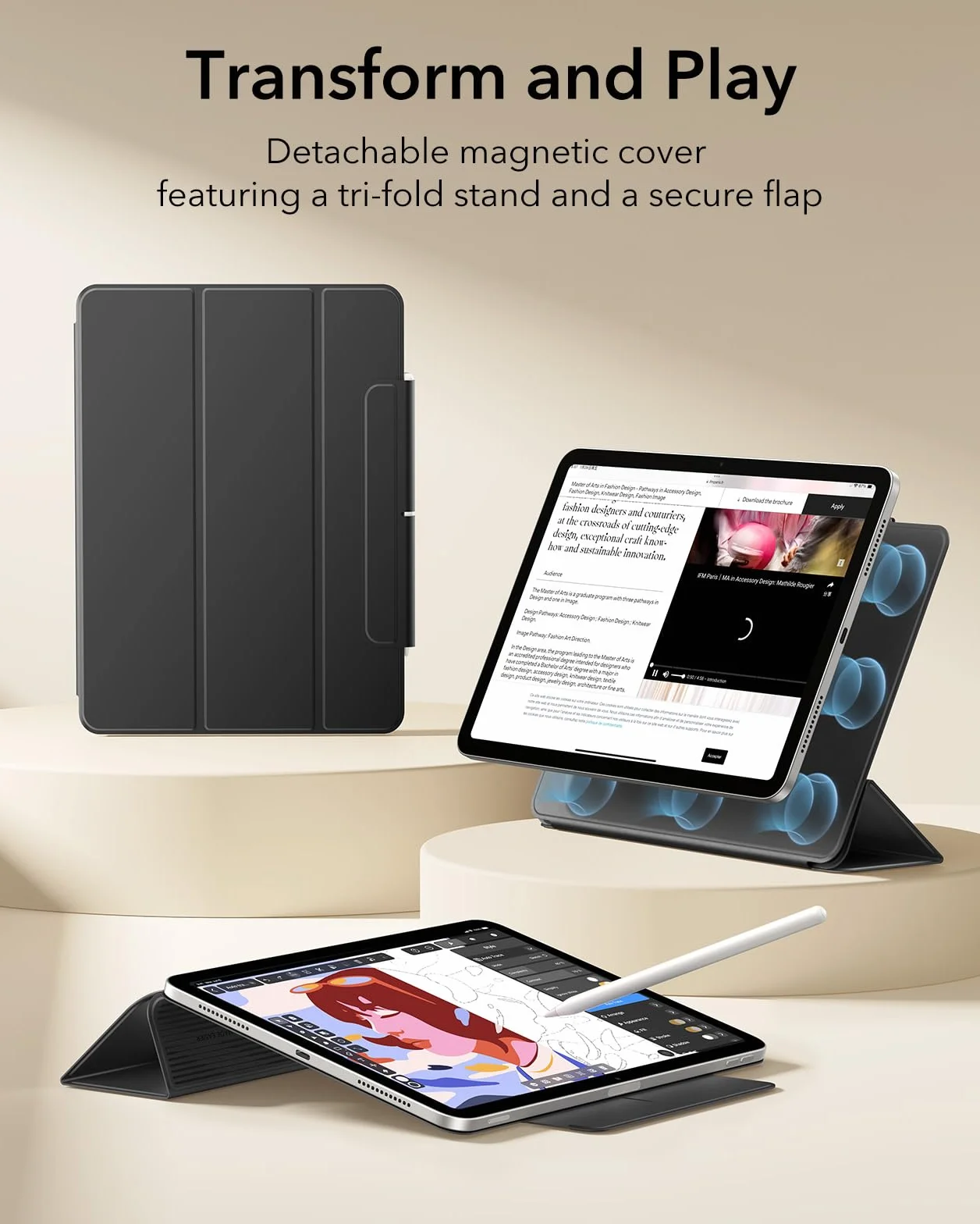 ESR Custodia Magnetica Trifold per iPad Air 13" M4/M3/M2 (2026/2025/2024), iPad Pro 12.9 (6a/5a/4a Gen), Nero