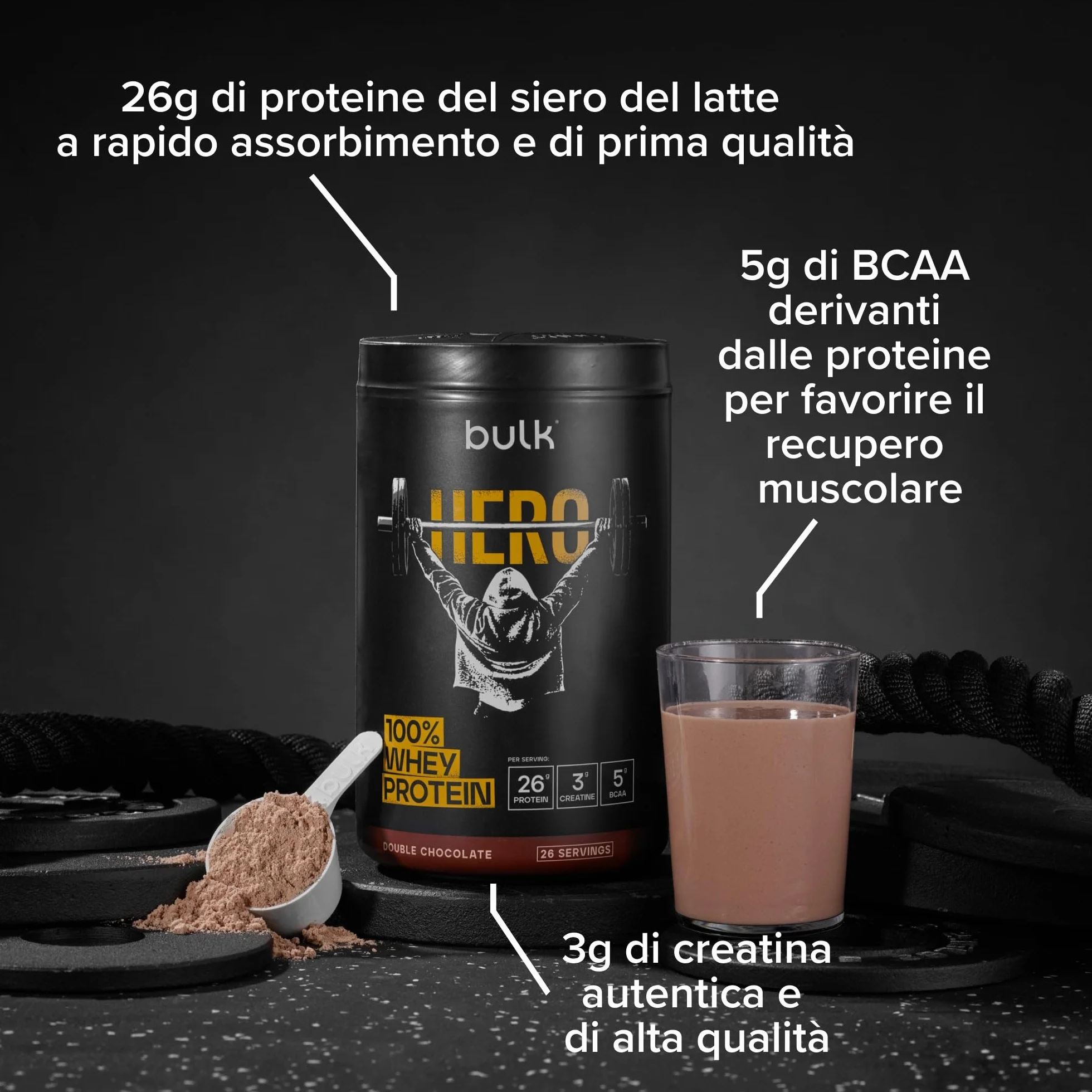 Bulk Hero Whey Protein Powder Double Chocolate 26 Servings 26g Protein 3g Creatine 5g BCAAs Low Sugar Fast Absorption Isolate Hydrolysed Concentrate Blend
