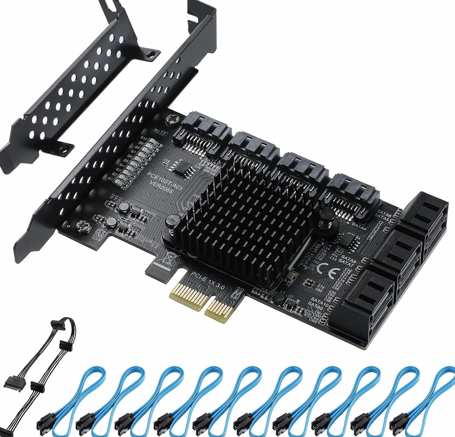 Scheda PCIE 1X SATA a 10 porte,Scheda di espansione PCIe con controller SATA 3.0 da 6 Gbps,Non Raid,Supporto 10 dispositivi 3.0,con supporto a basso profilo e 10 cavi (Chip: ASM1166)