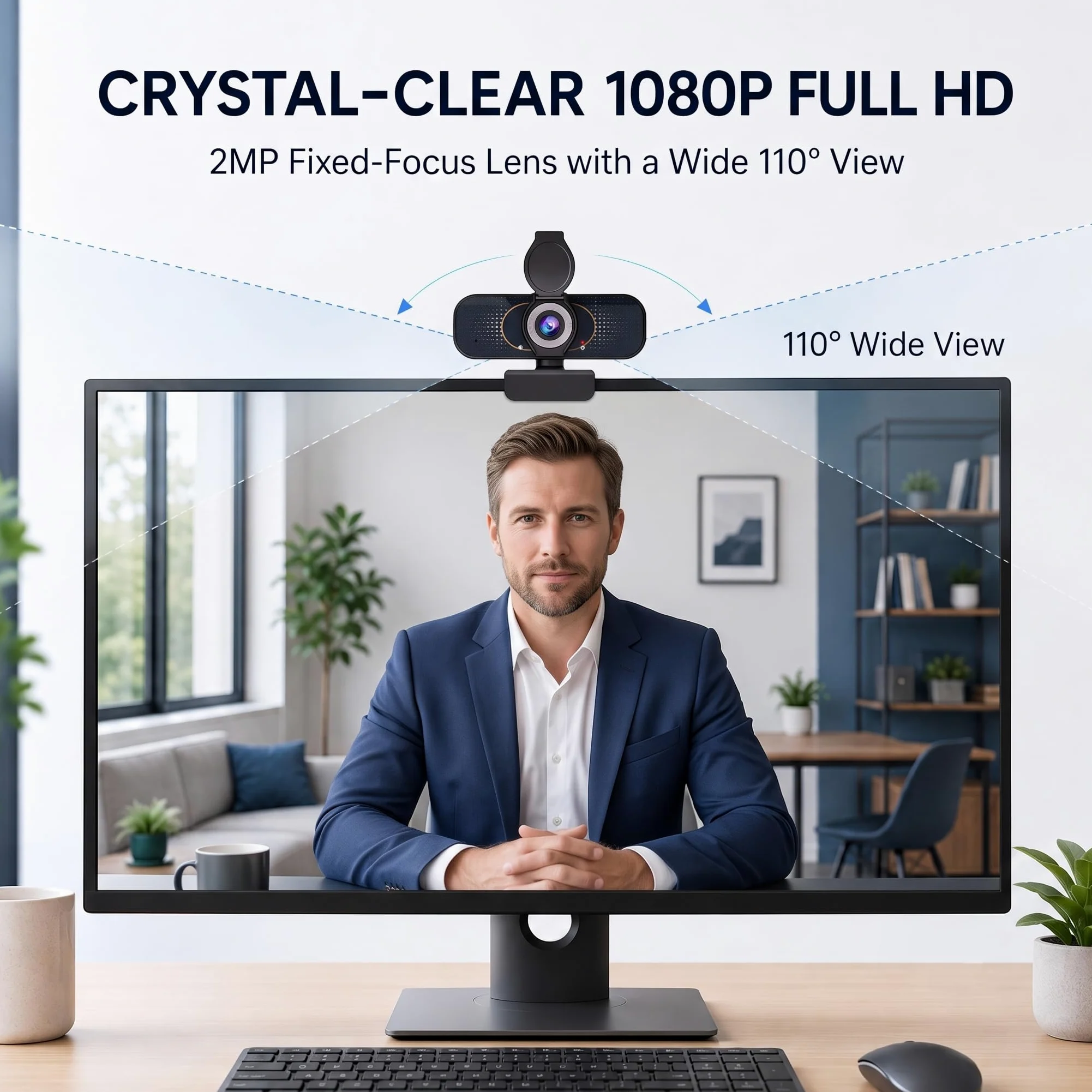 Webcam HD 1080P con treppiede girevole, microfono integrato, copertura per la privacy, fotocamera grandangolare, correzione automatica della luce, USB Plug & Play, per laptop, desktop, PC