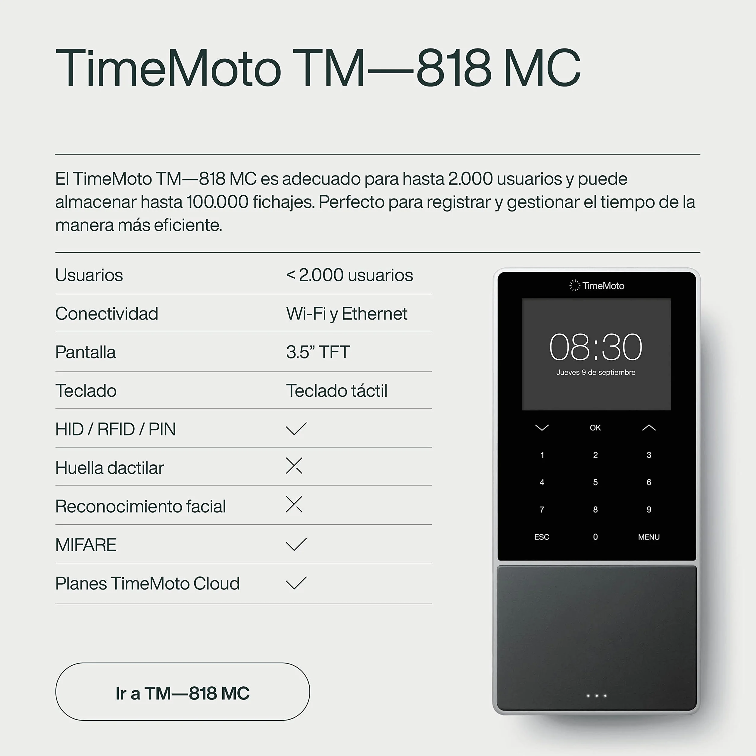 TimeMoto TM-818 MC Rilevatore di presenza cloud, HID RFID, PIN, 2000 utenti, Wi-Fi