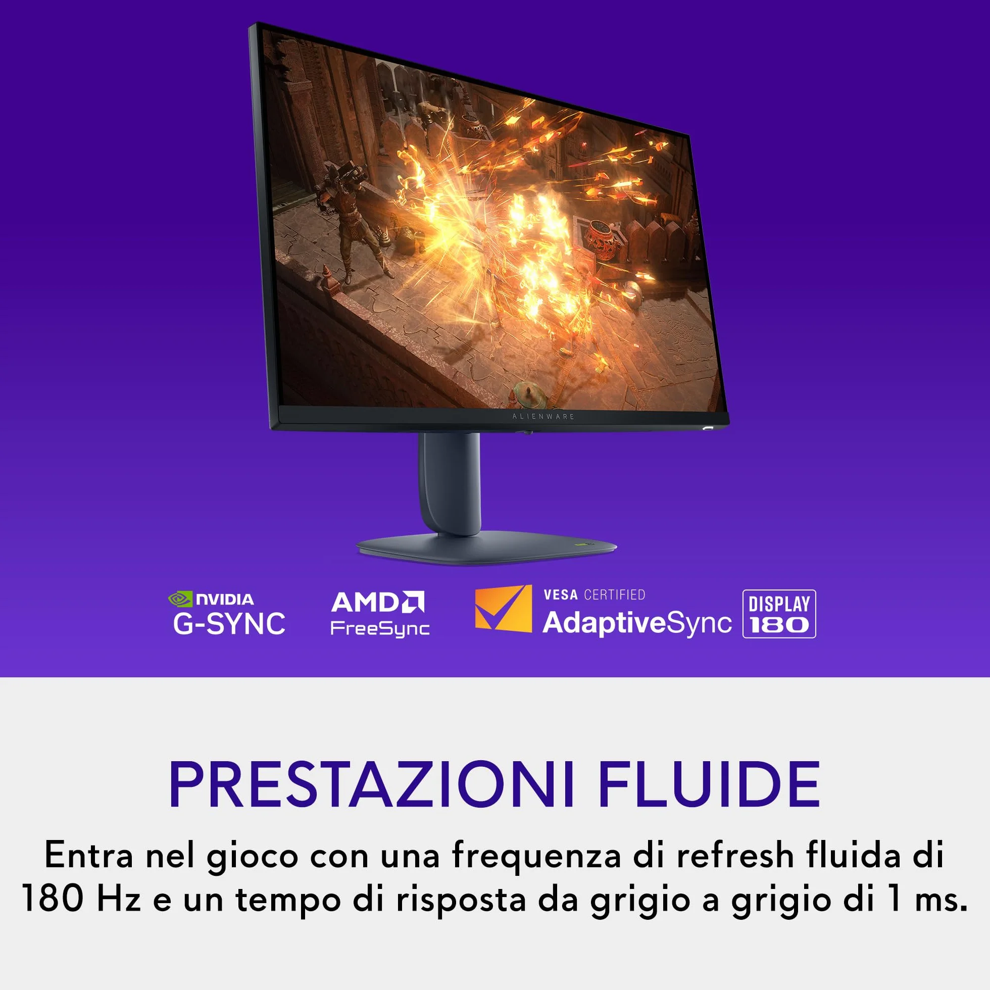Alienware 27 Monitor Gaming - AW2725DM, QHD (2560x1440), 180Hz, Fast IPS, 1ms, NVIDIA G-SYNC Compatible, AMD FreeSync, 95% DCI-P3, HDR400, DisplayPort, 2 HDMI, 3 USB, 3 Anni di Garanzia