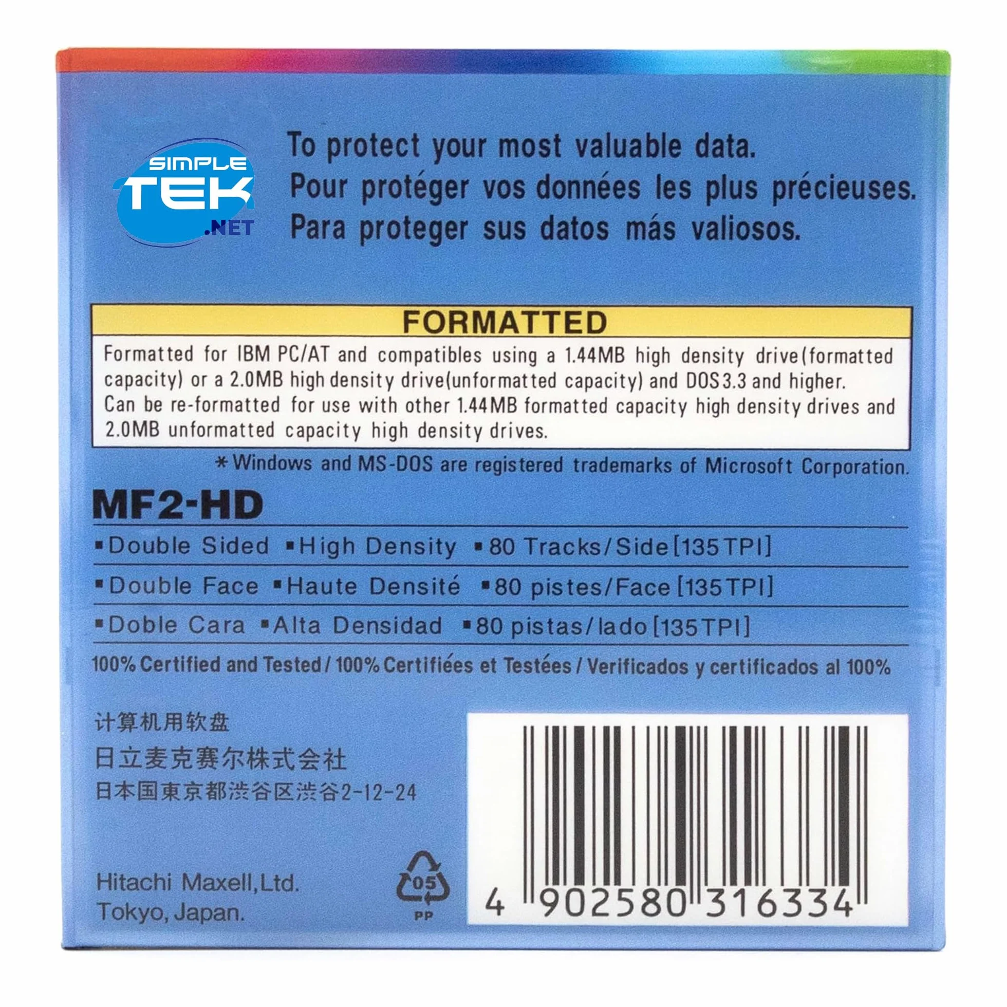 SIMPLETEK - 1 x Floppy Disk 3,5" 1.4MB MF2-HD, Compatibile con MS-DOS e Windows, Colore Blu (Singolo Pezzo)