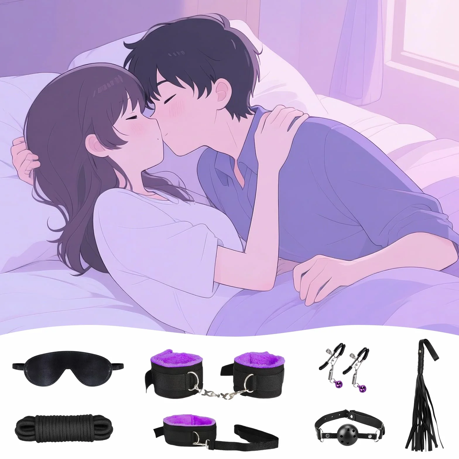 Bondage Set 39 Pezzi, Kit di Contenimento Completo, Giocattoli Sessuali per Coppie, Accessori per Letto, Nero e Viola