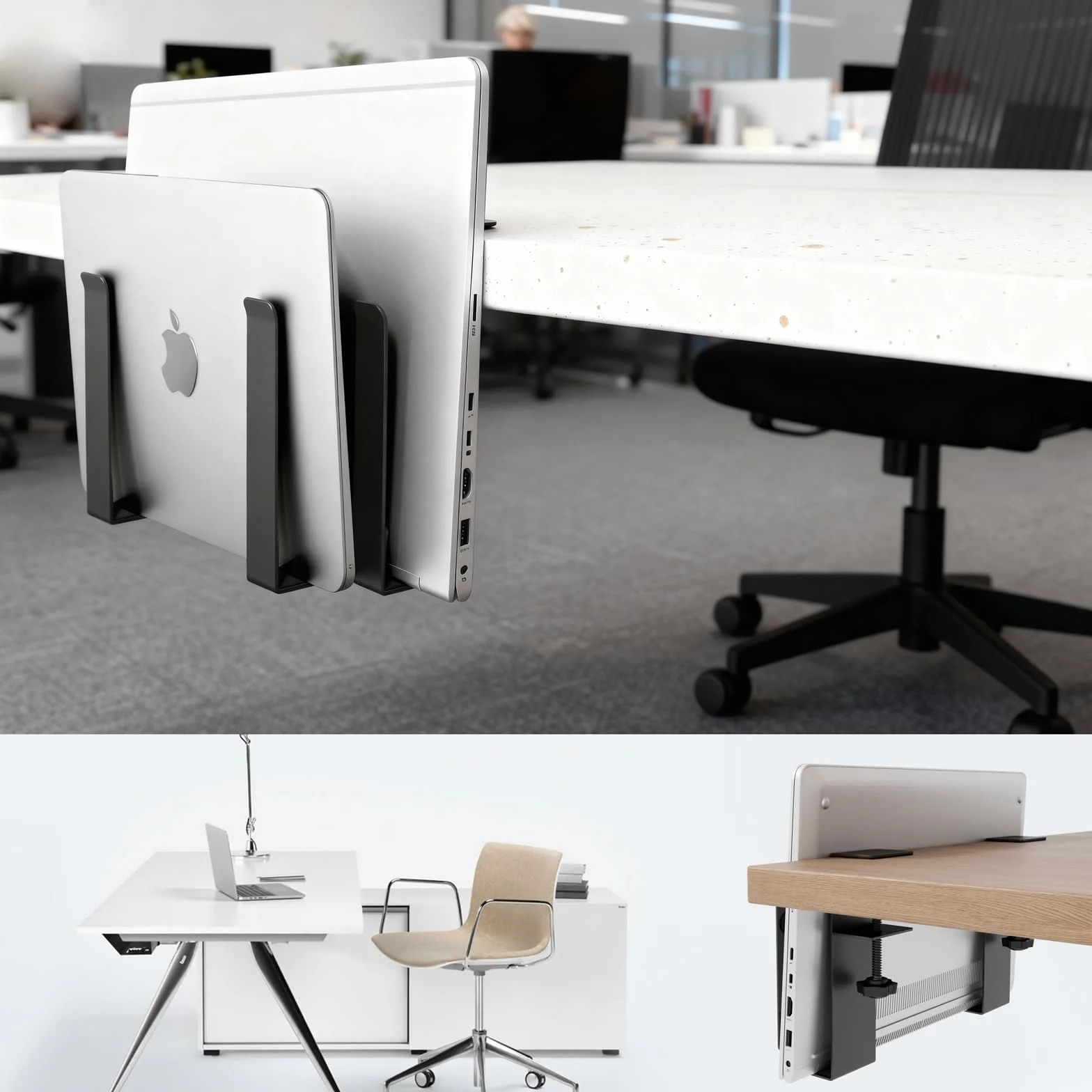 Supporto Regolabile Doppio per Laptop con Morsetto per Scrivania – Installazione Senza Fori - Ripiano in Acciaio Inox per due Dispositivi ≤ 38 mm