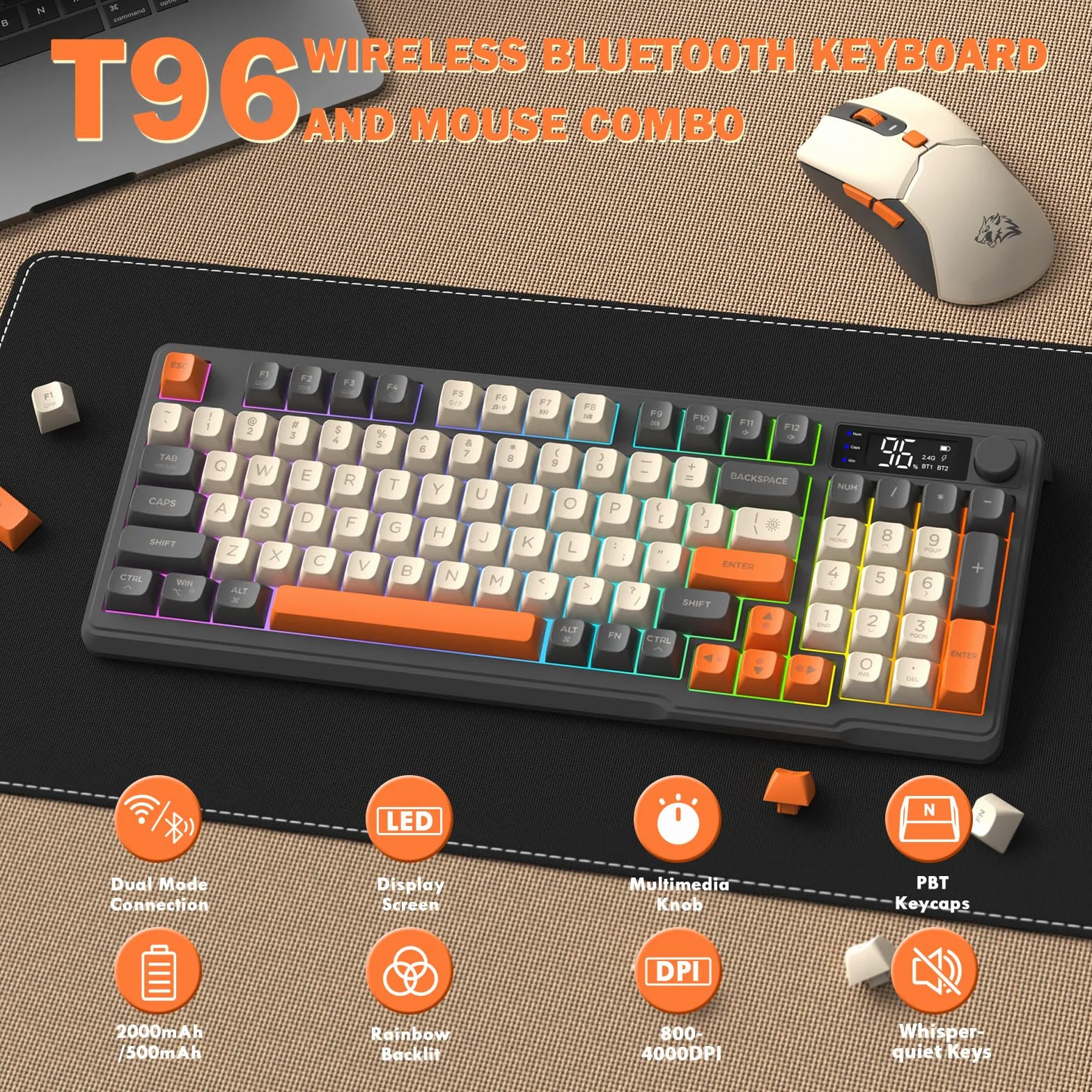 FREEWOLF T96 Tastiera e Mouse Wireless, Bluetooth & 2.4G, Tasti PBT, Manopola Multimediale, Schermo, Silenziosa, Anti-ghosting, US Layout, QWERTY, per Mac/Windows/Linux - Luccichio