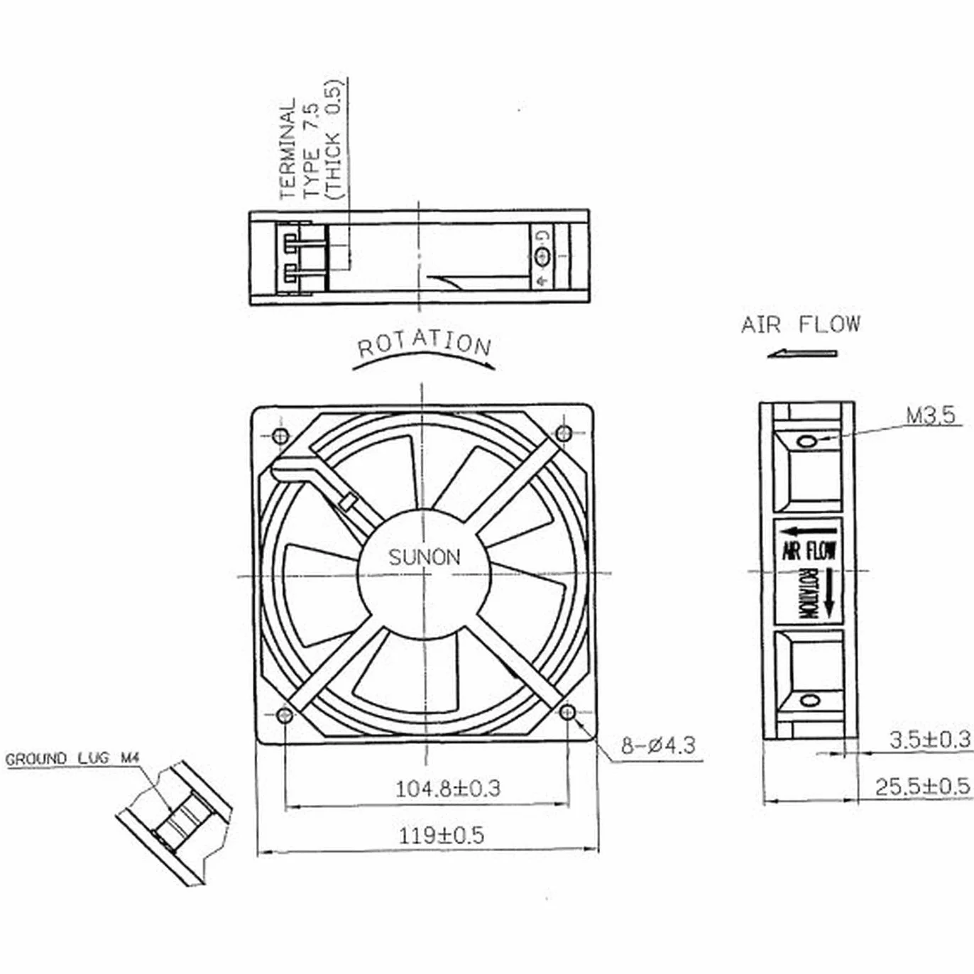 Sunon Ventilatore 230 V AC 19 W 120 x 120 x 25 mm 108,7 m³/h 2000 giri/min, 108,7 m³/h Sunon DP201AT2122HST