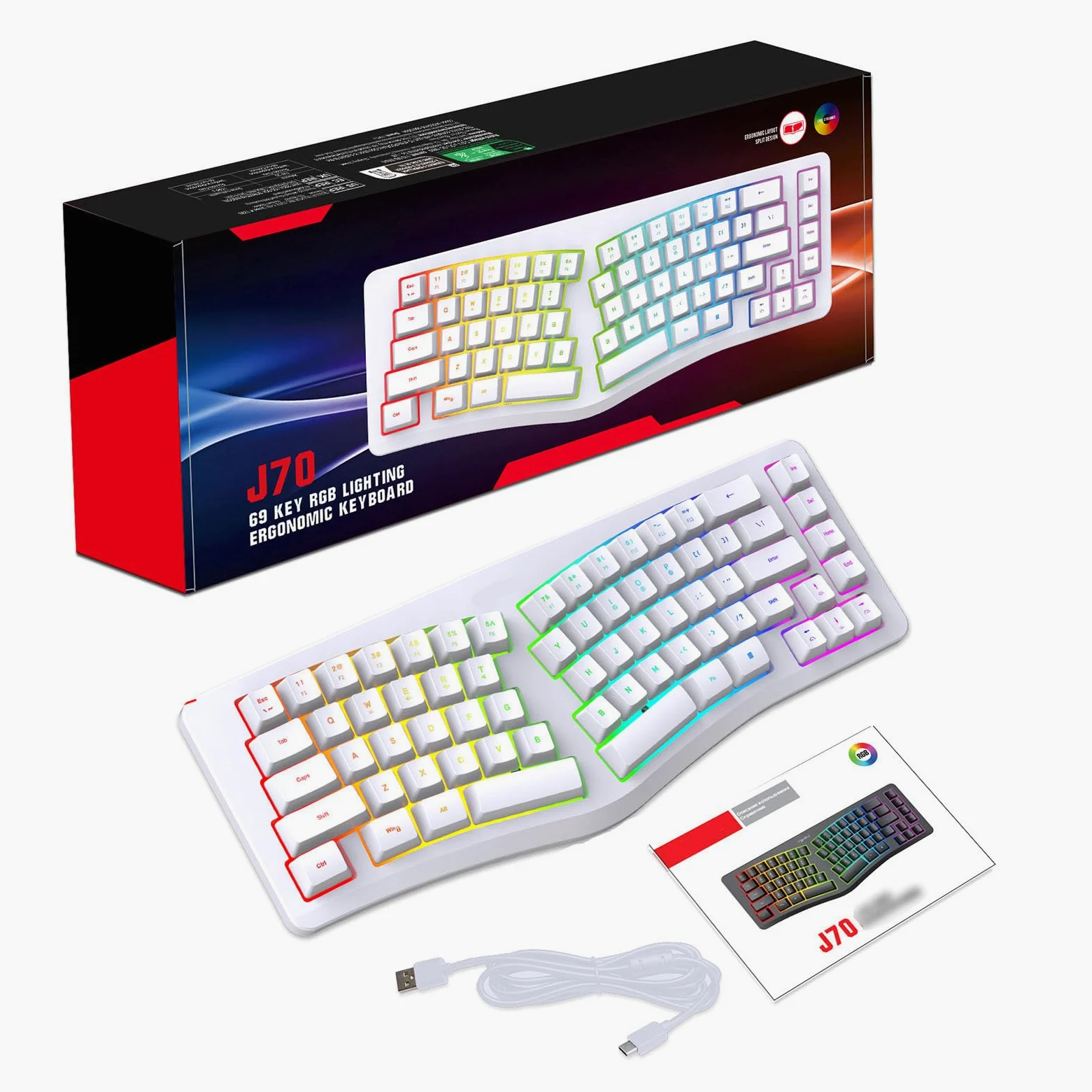 Tastiera Ergonomica Divisa, Tastiera da Digitare Naturalmente USB C con 18 modalità Retroilluminata RGB, 69 Tasti, Cavo Staccabile per il Desktop per Computer (WHITE)