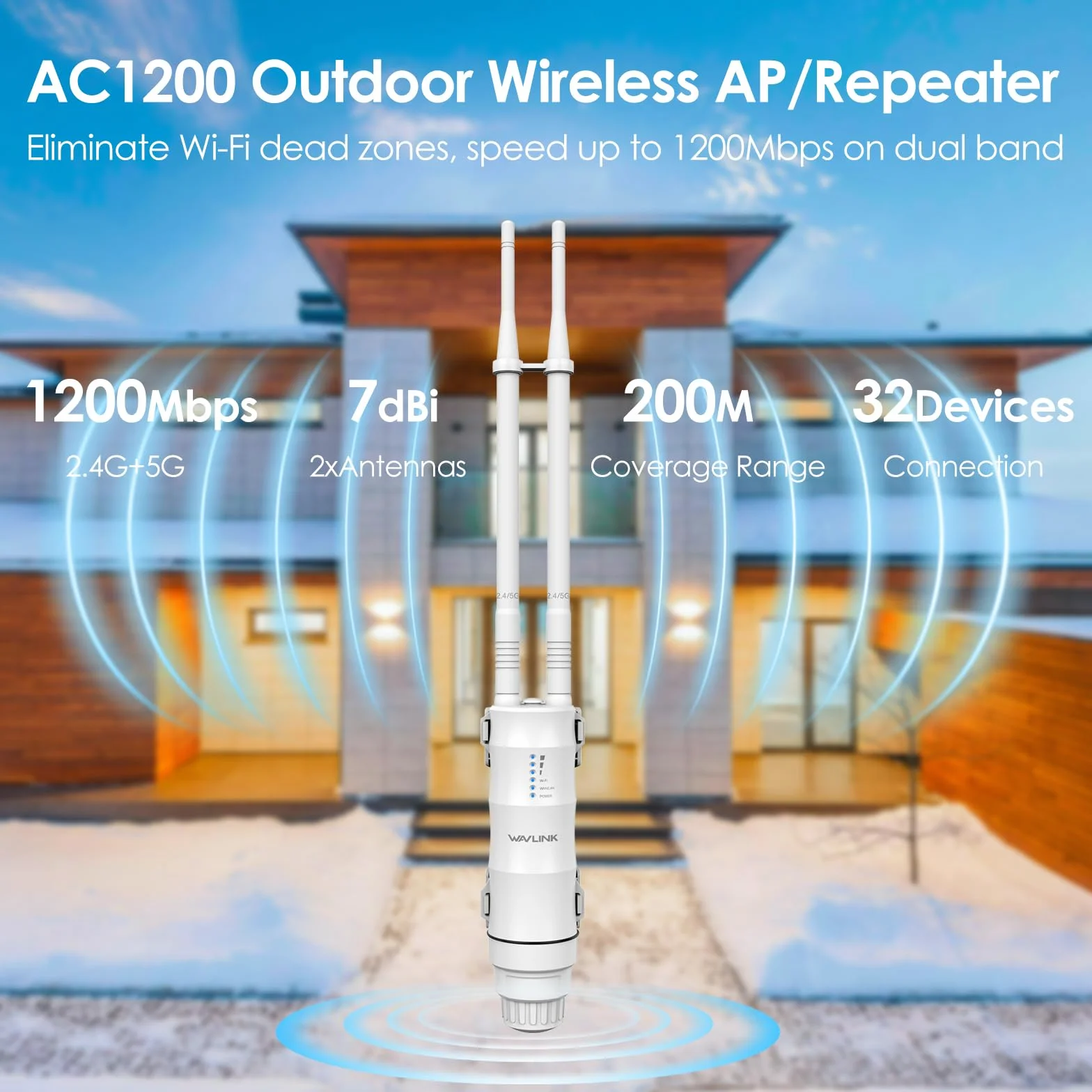 WAVLINK AC1200 Ripetitore WiFi Potente Esterno per Lunga Distanza - Amplificatore di Segnale Doppia Banda 2.4G + 5G, Outdoor Router Extender Access Point, Supporto PoE