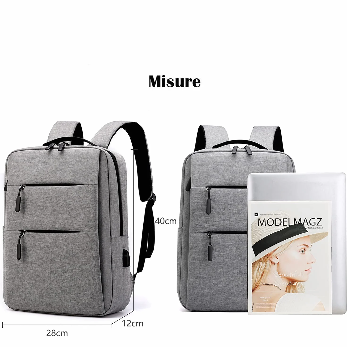 Mixroom - Zaino Porta PC Uomo Laptop Borsa per PC Portatile porta Computer Custodia Notebook 15" Due Tasche Frontali Con Attacco USB Z1