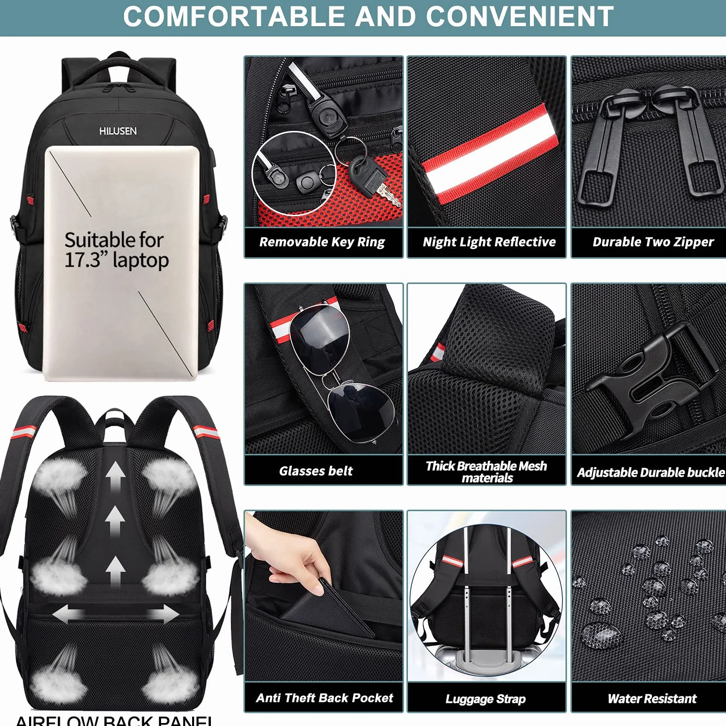HILUSEN Zaino Uomo Grande 50L, Porta PC 17.3 Pollici Lavoro Impermeabile Pranzo Zaino con Caricatore USB, Laptop Computer Notebook Zaini per PC Portatili Viaggio Ufficio Scuola Università-Nero