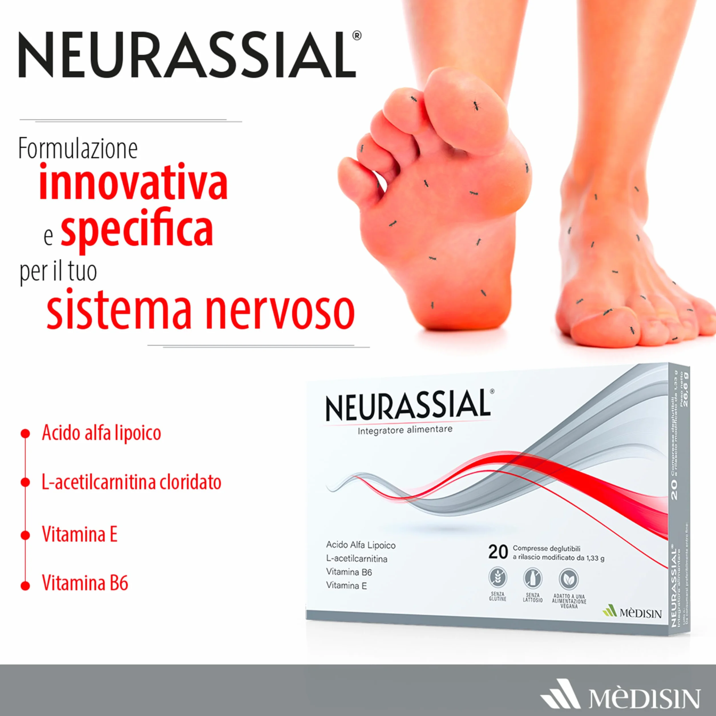 NEURASSIAL® Integratore Alimentare con Acido Alfa Lipoico, L-acetilcarnitina, Vitamine E e B6, 20 Compresse