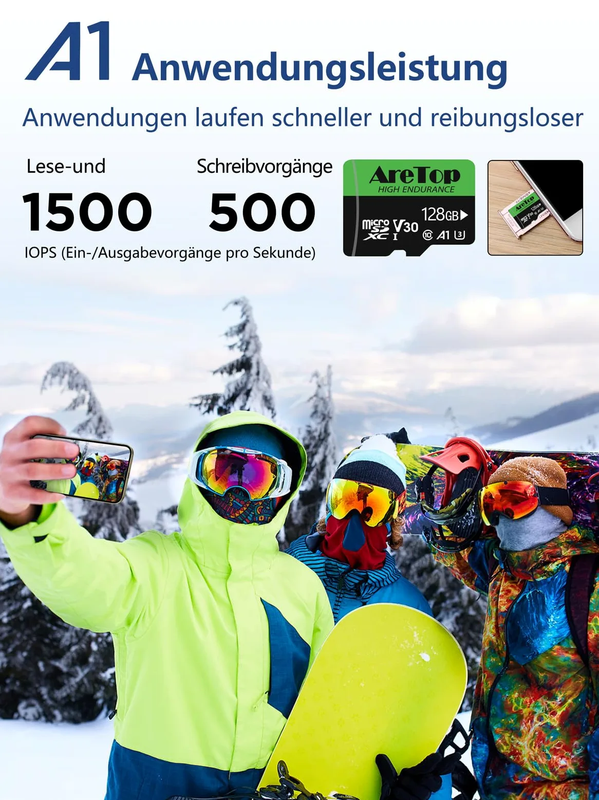 Aretop Scheda Micro SD da 128 GB, 2 pezzi, con 2 adattatori MicroSDXC, UHS-I U3 V30 A1, registrazione video Full HD Micro SD Memory Card per fotocamera/smartphone/drone/Dash Cam