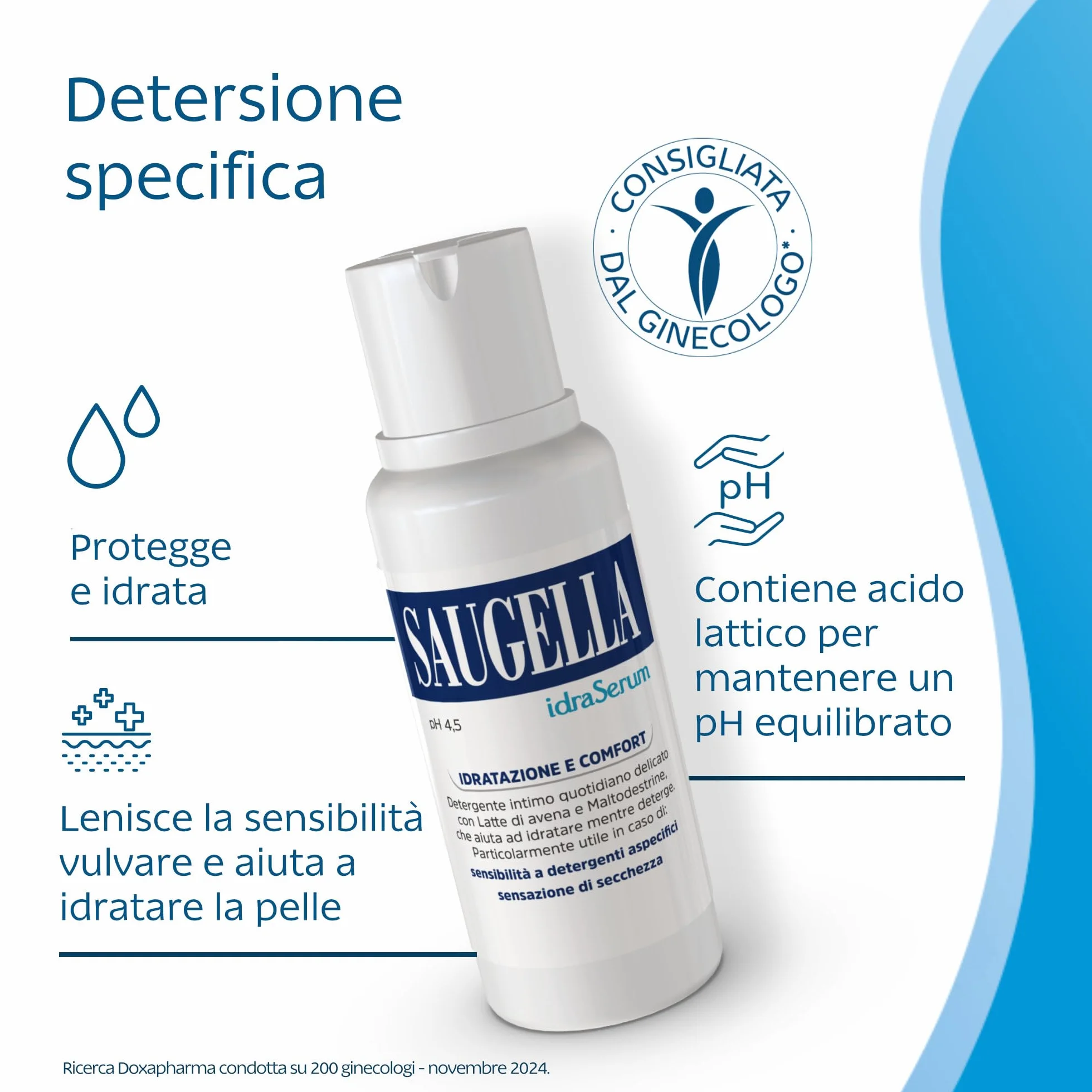 Saugella IdraSerum Detergente Intimo Delicato pH 4.5 Latte d'Avena Acido Lattico Lavanda 200 ml