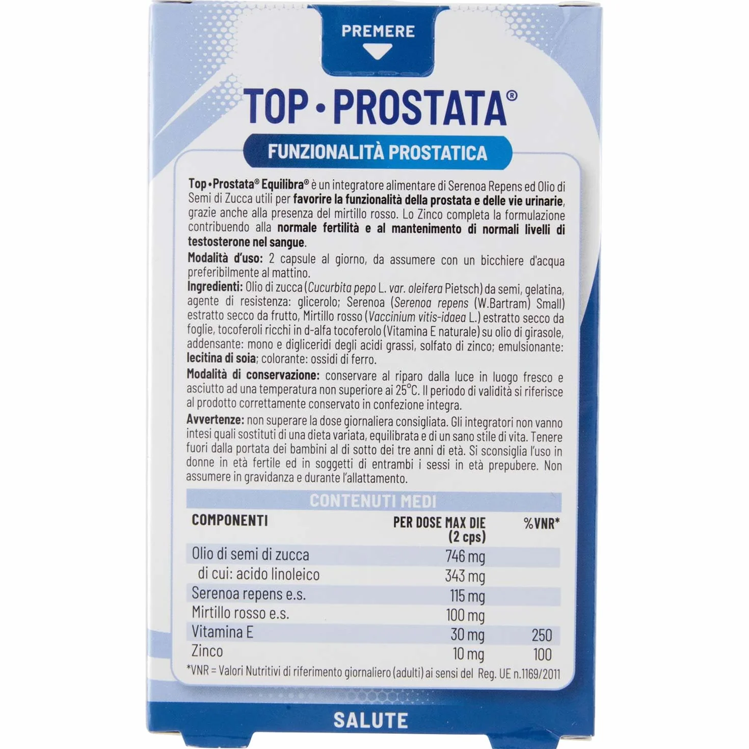 Equilibra Top Prostata Integratore Prostata Serenoa Repens Olio di Semi di Zucca Mirtillo Rosso Zinco Vitamina E 40 Capsule