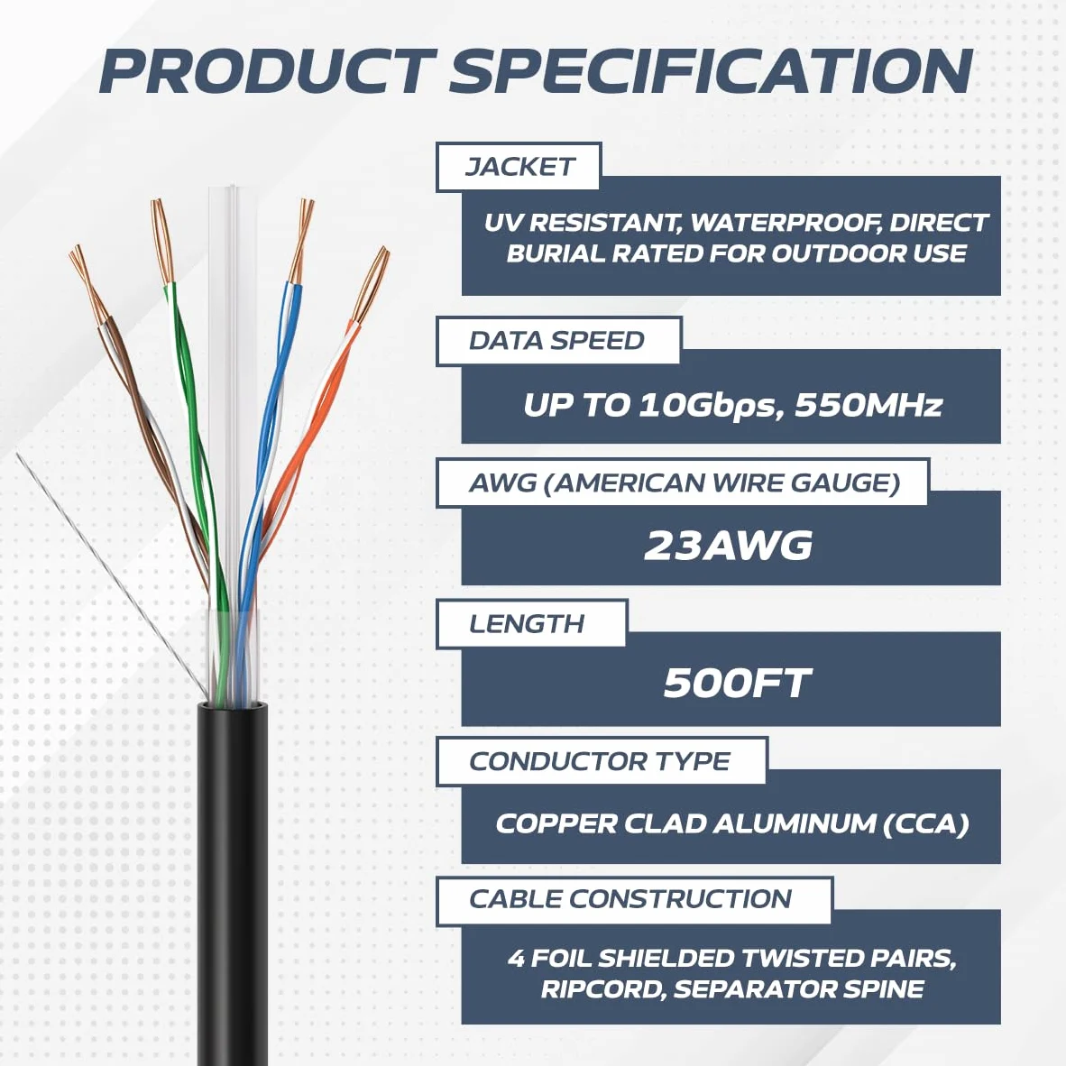 Cables Direct Online CAT6 500ft Outdoor 23 AWG 550MHz Cavo Ethernet UTP Filo di Alluminio Rivestito di Rame Solido Sepoltura Diretta UV
