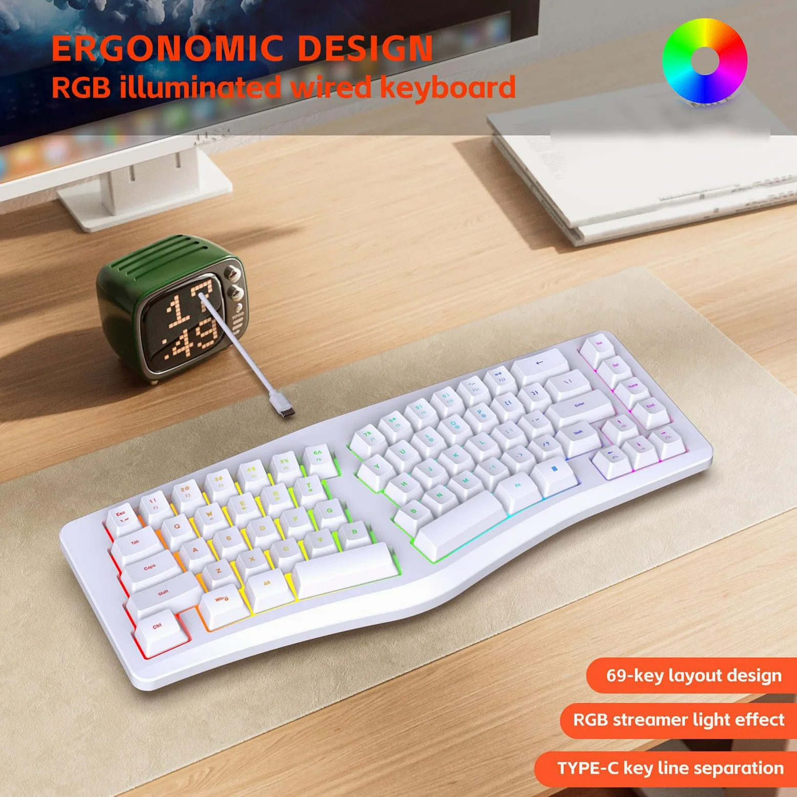Tastiera Ergonomica Divisa, Tastiera da Digitare Naturalmente USB C con 18 modalità Retroilluminata RGB, 69 Tasti, Cavo Staccabile per il Desktop per Computer (WHITE)