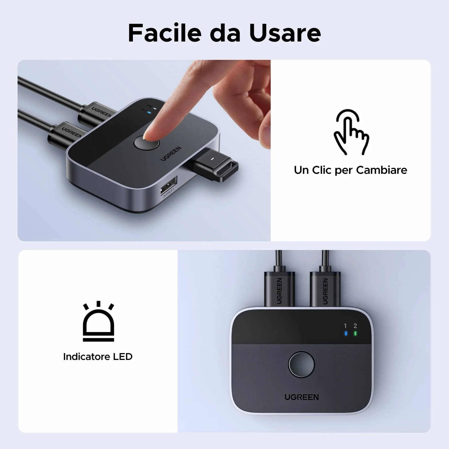 UGREEN Switch USB 3.0 5Gbps KVM Switcher 2 Porte per 2 PC Interruttore 2 Ingressi 2 Uscite Alluminio per Tastiera Mouse Chiave Disco Rigido Esterno Stampante Scanner 2 Cavi 3.0 Inclusi