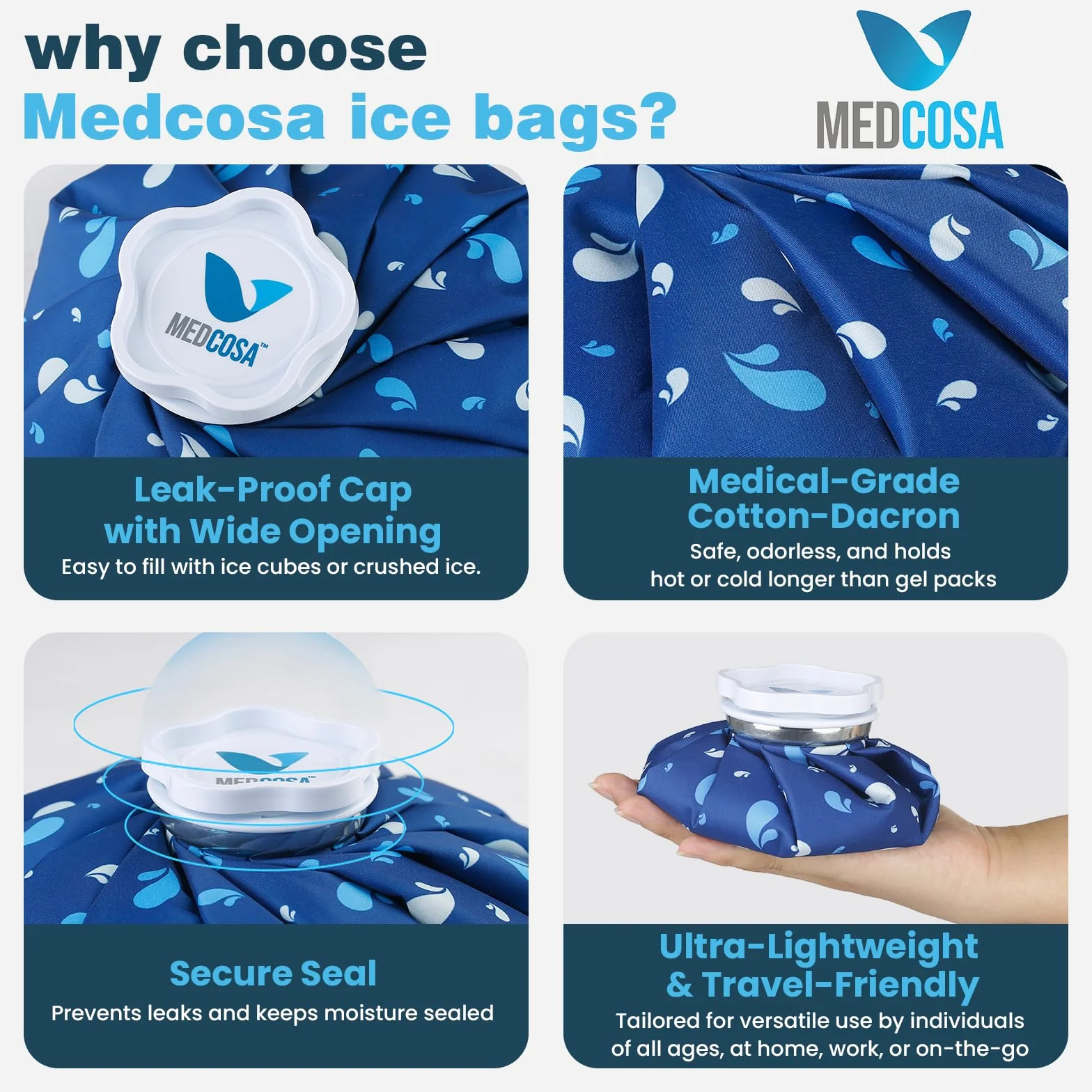 Medcosa Borsa del Ghiaccio 11" (28cm) - Sacchetto Porta Ghiaccio per Ginocchio e Caviglia - Formato Grande