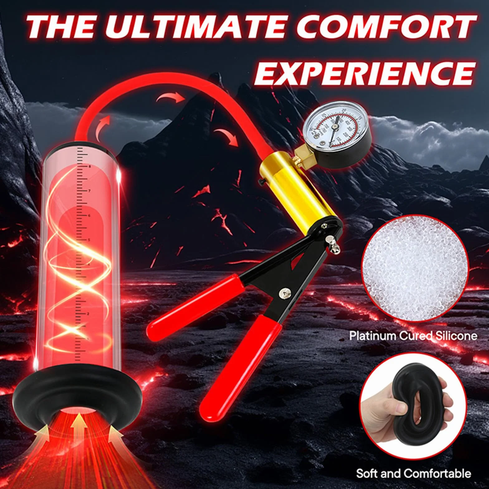 Pompa del pene a vuoto con maniglia e manometro per uomini (Red, 44mm)