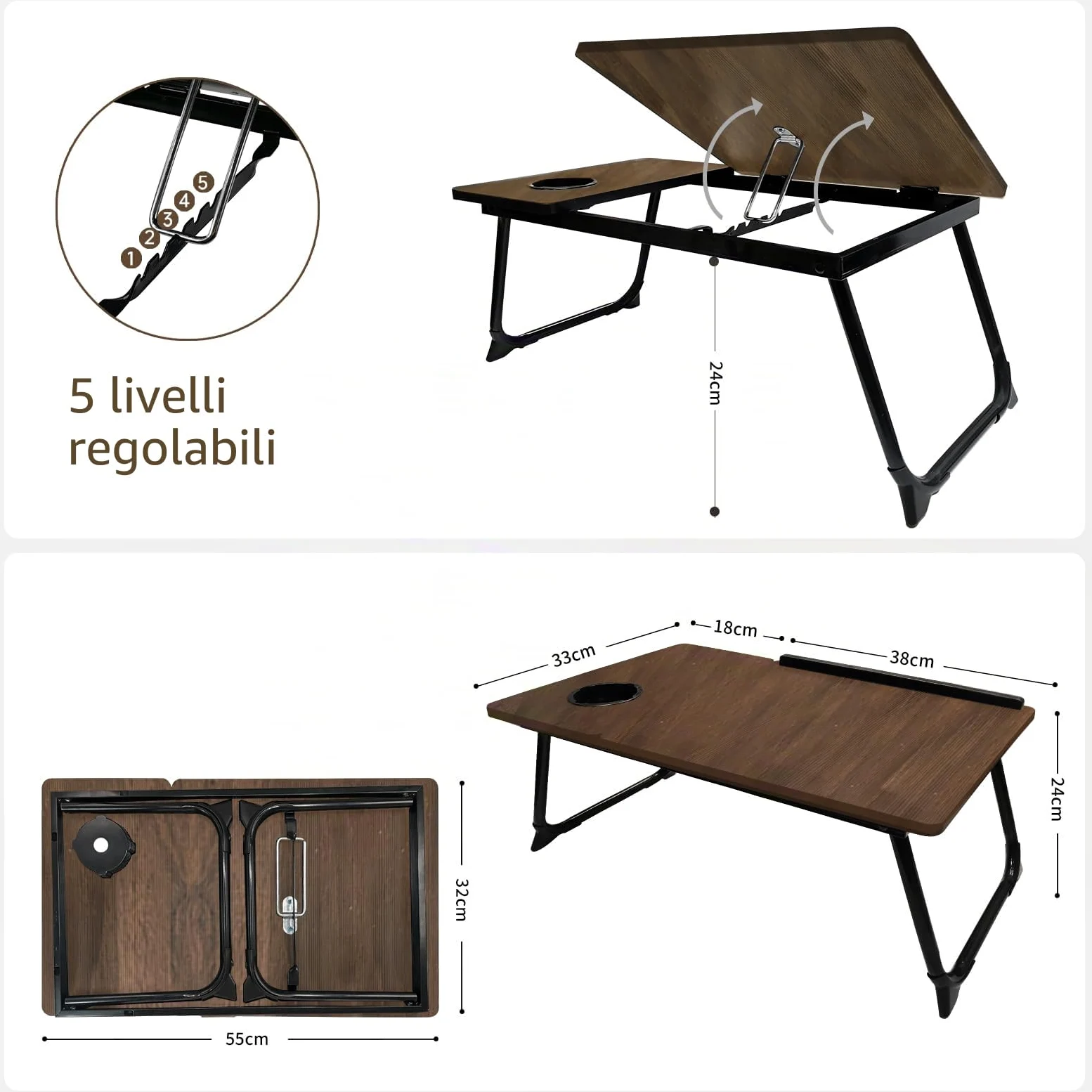 Tavolo per computer portatile da letto, pieghevole, tavolo da letto per laptop, tavolo per notebook, vassoio da letto, vassoio per la colazione, tavolo da letto pieghevole, lapdesk, marrone