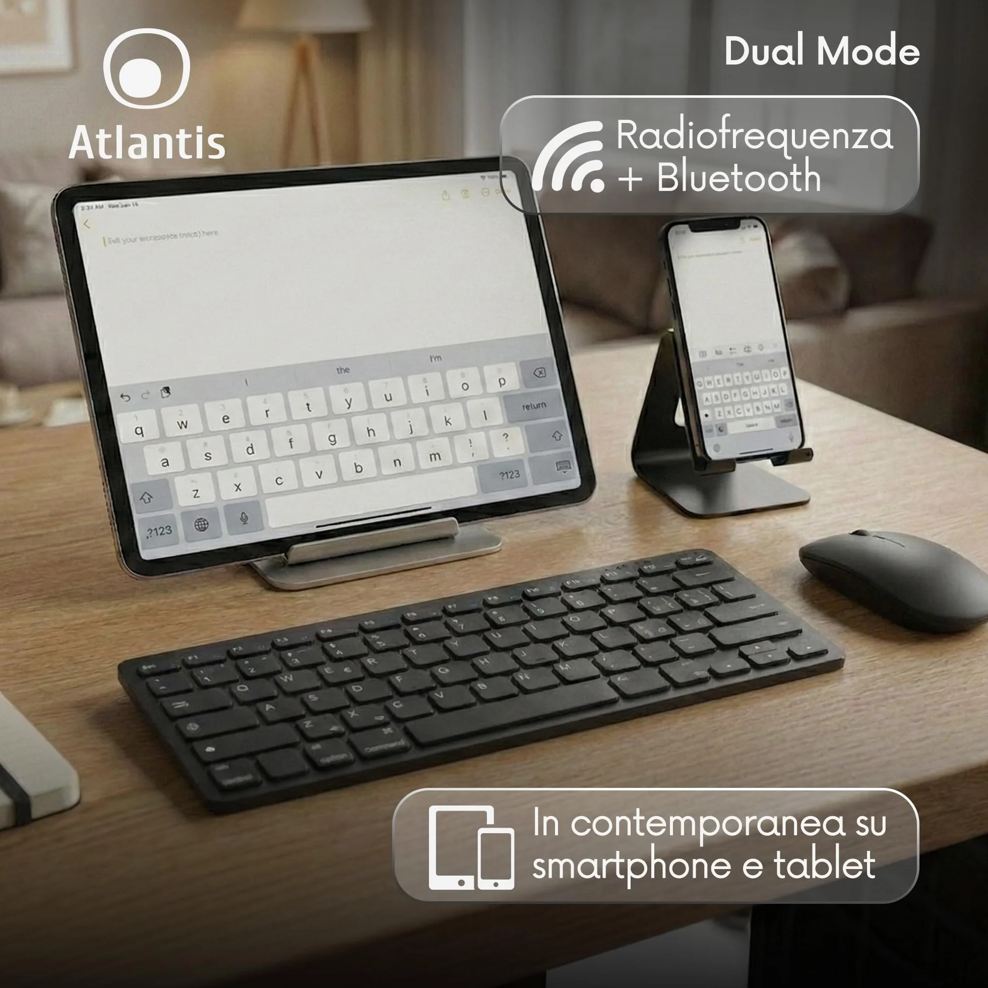 Atlantis ARGO 900Pro Combo KIT Mini Tastiera Ultraslim + Mouse - Wireless senza fili RF + Bluetooth, QWERTY 78 tasti “chocolate key”, per PC/Notebook/Smartphone/Tablet/iOS/Android, Nero