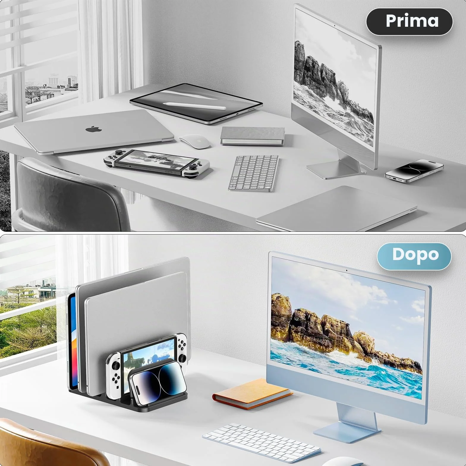 KDD Supporto Verticale Laptop con 3 Scanalature & Chiusura a Gravità, 6 in 1 Porta PC Portatile da Scrivania Salvaspazio per MacBook/Surface/Samsung/HP/Dell/Book/Tablet/Switch e Telefono Cellulare